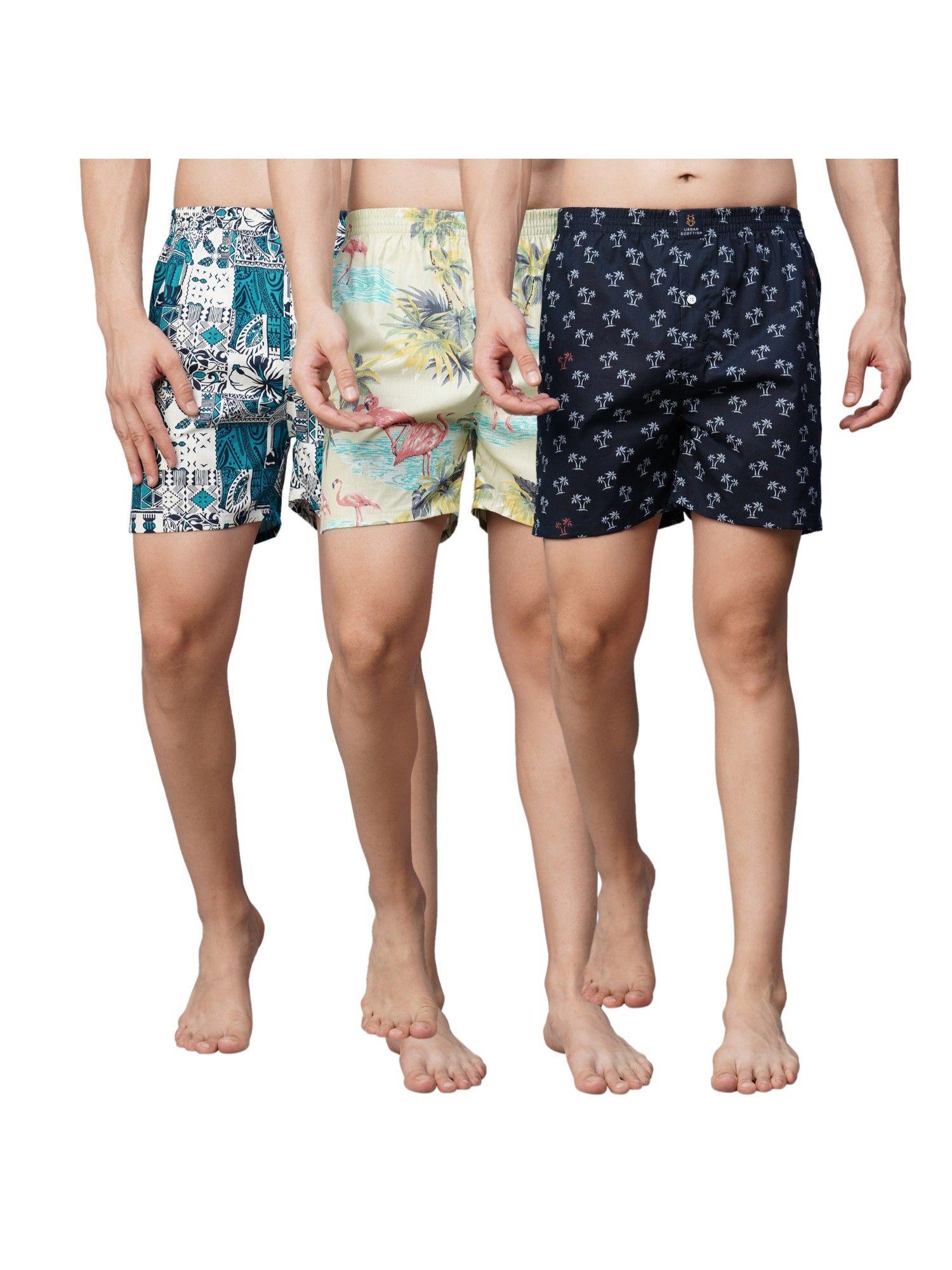 mens multi-coloured 100% cotton printed regular boxers (pack of 3)