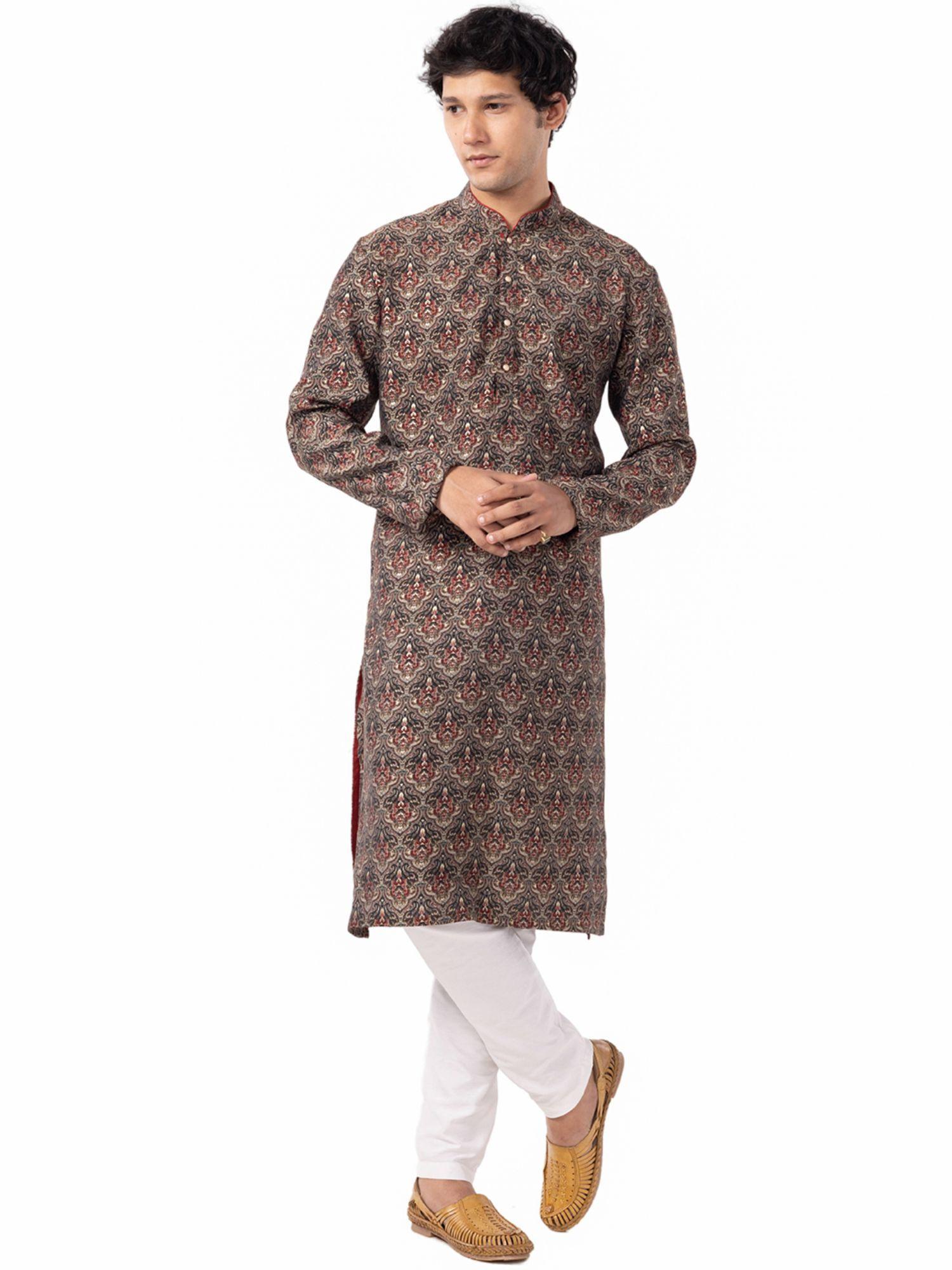 mens multi-coloured cotton silk blend comfort fit kurta