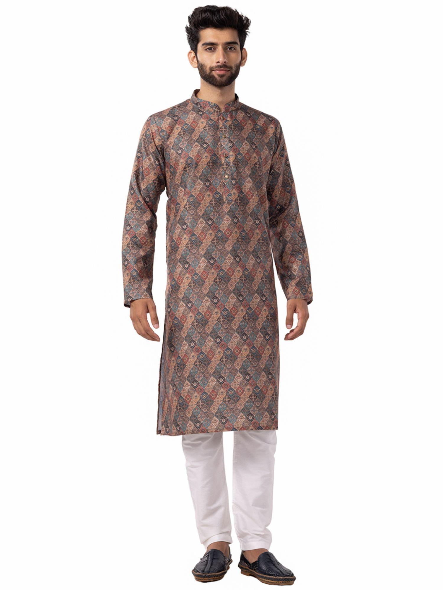 mens multicolor 100% cotton printed ethnic kurta