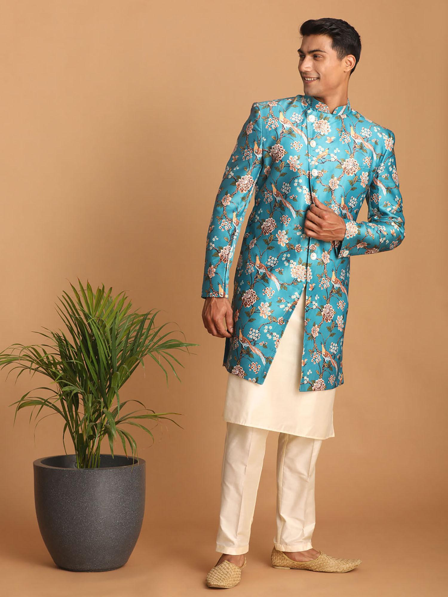 mens multicolor base blue silk blend sherwani (set of 3)