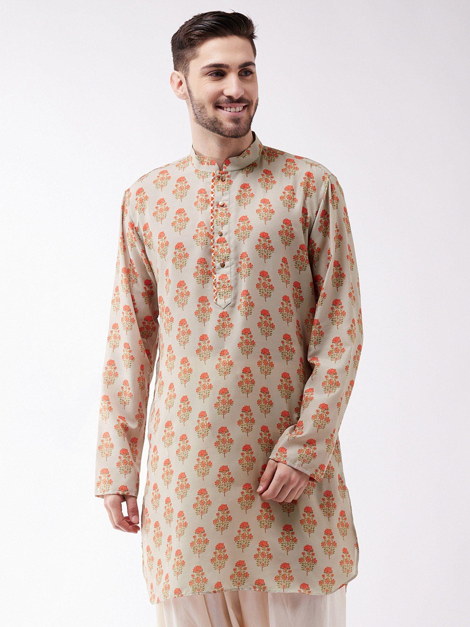 mens multicolor-base-cream muslin cotton kurta