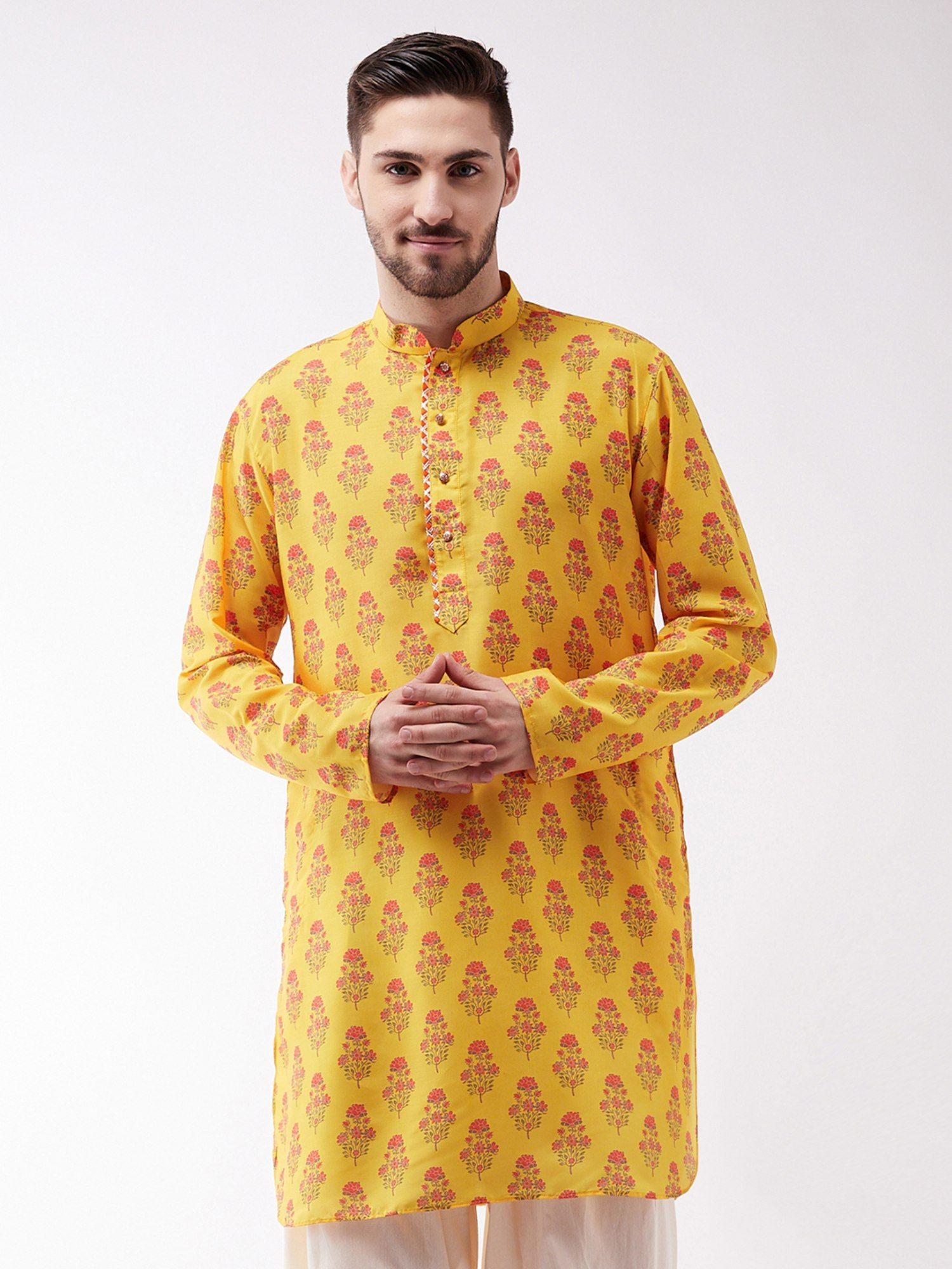 mens multicolor-base-mustard muslin cotton kurta