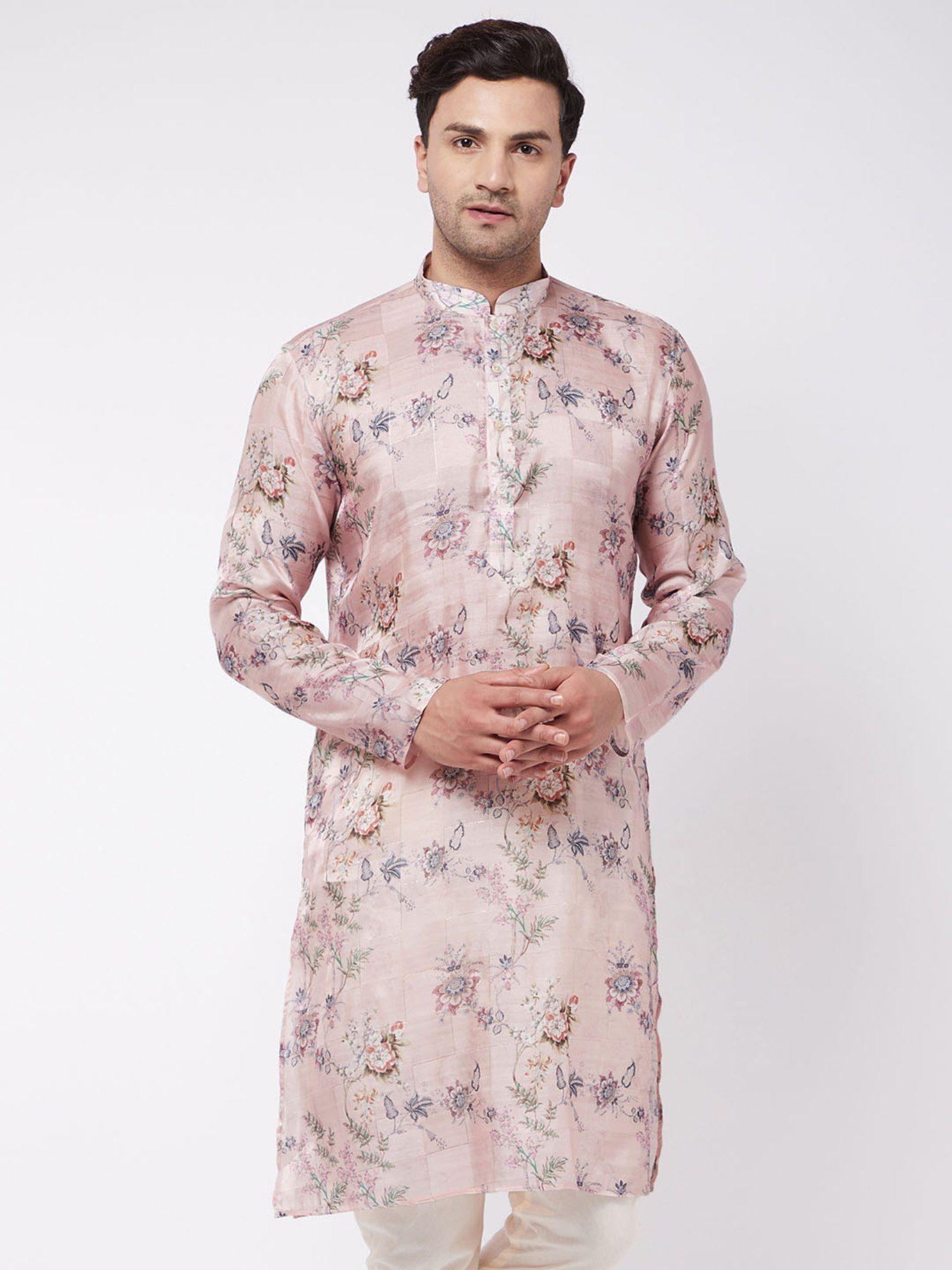 mens multicolor-base-peach cotton blend kurta