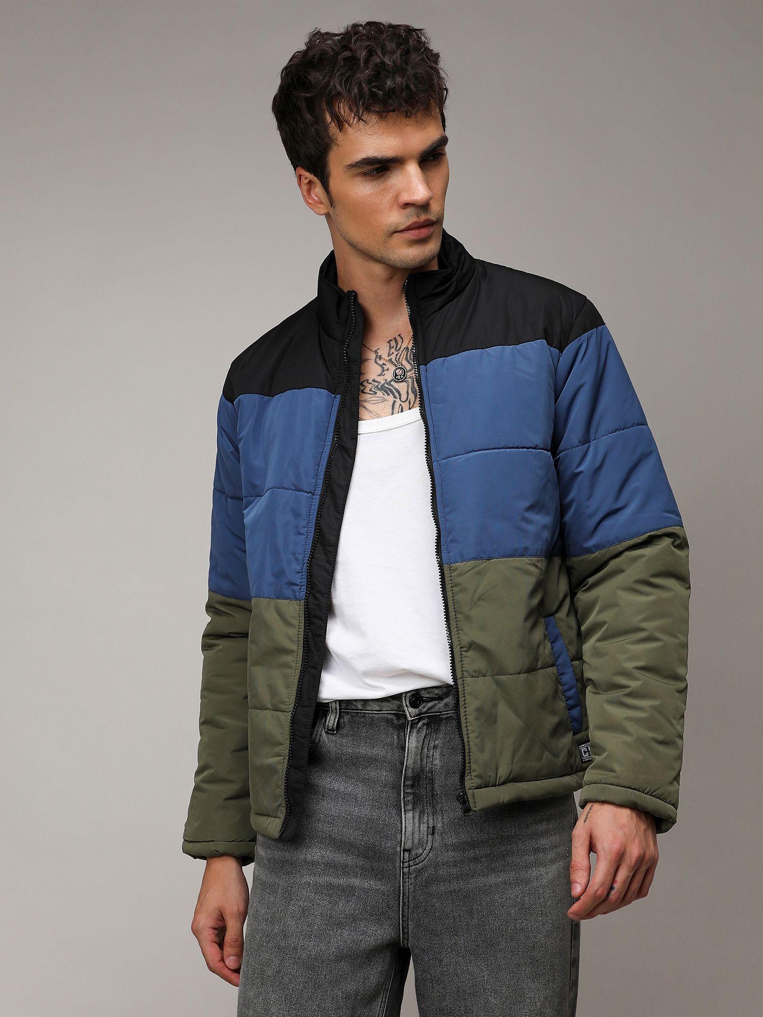 mens multicolour contrast panel puffer jacket