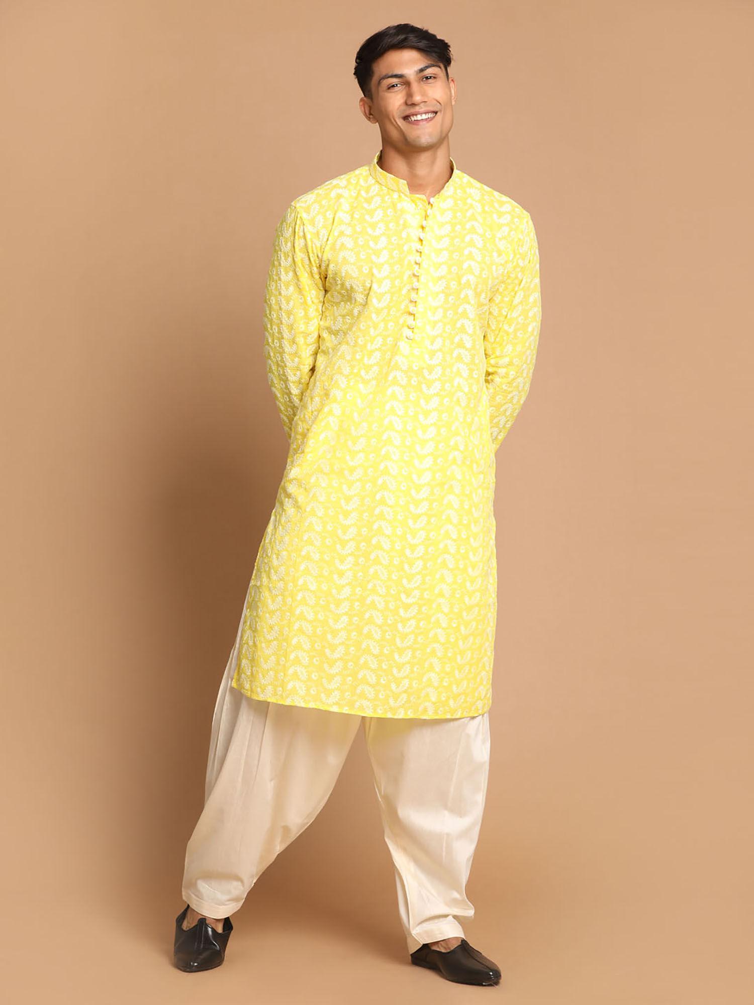 mens mustard & cream pure cotton kurta & patiala (set of 2)