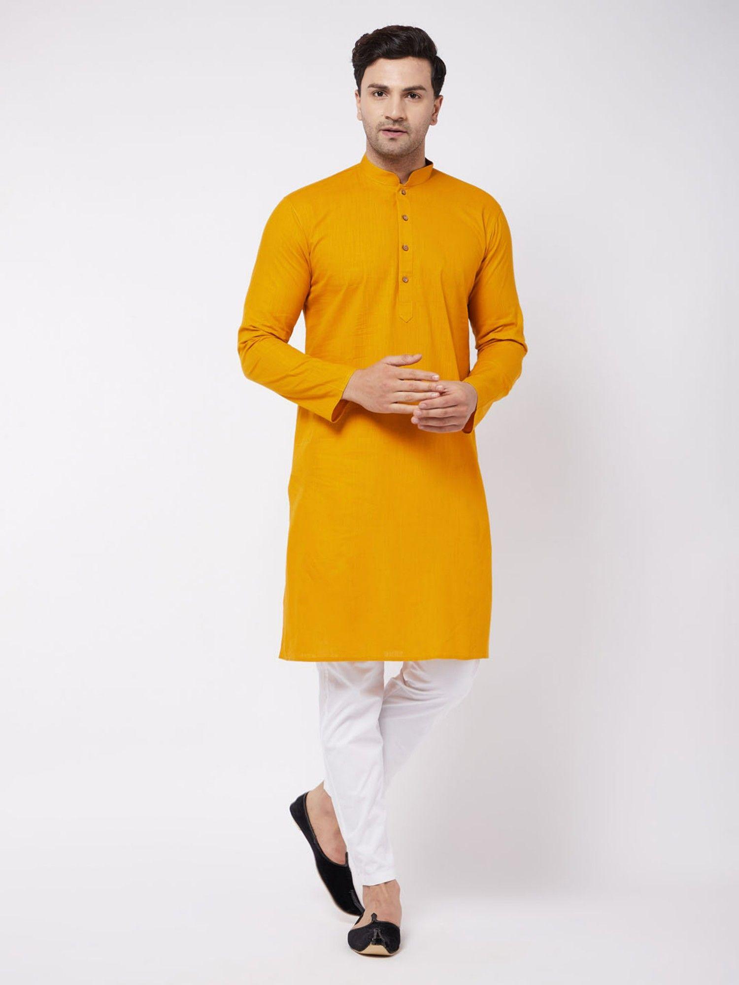 mens mustard and white cotton linen kurta pyjama (set of 2)