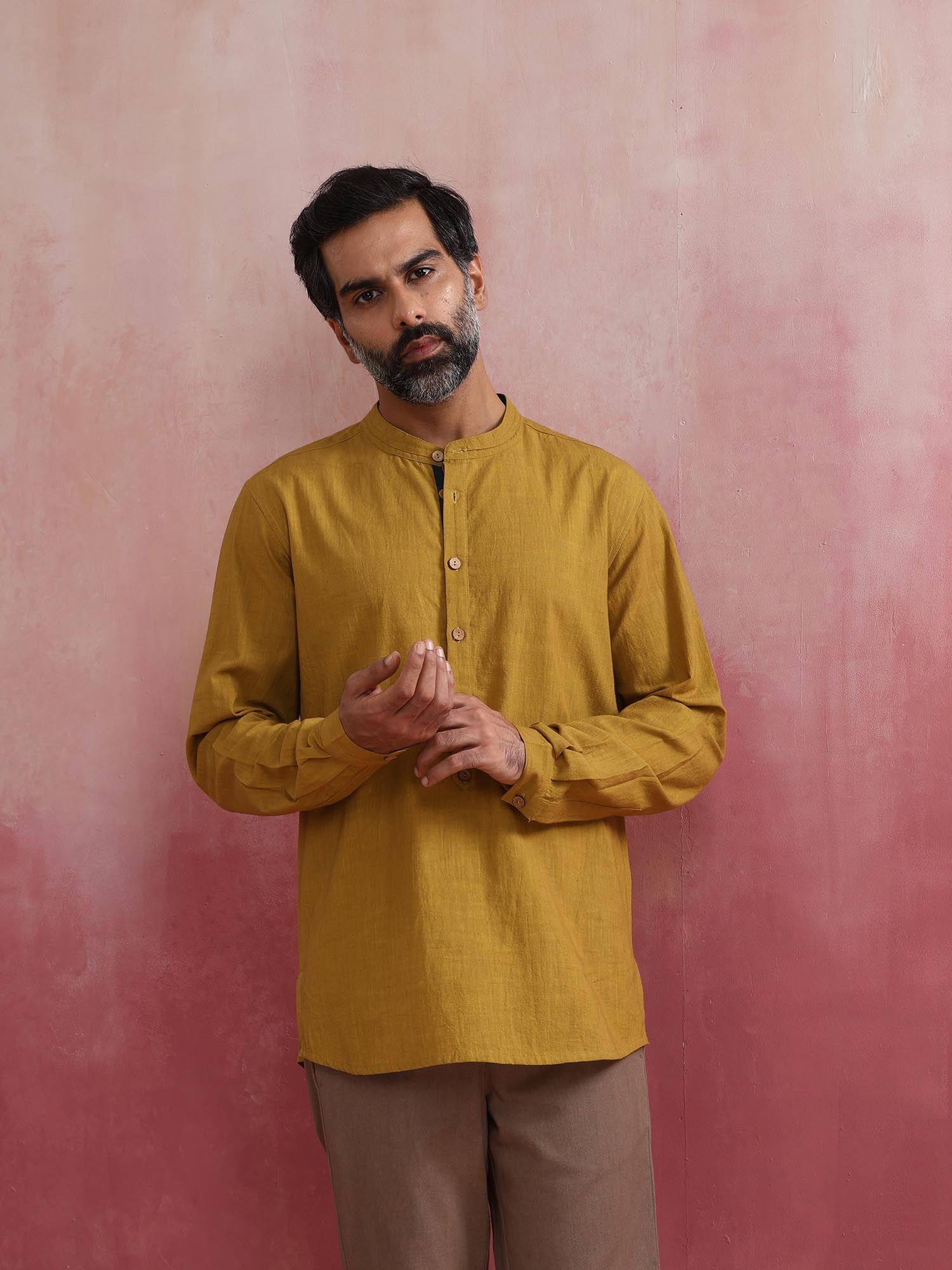 mens mustard cotton mandarin collar stylized kurta