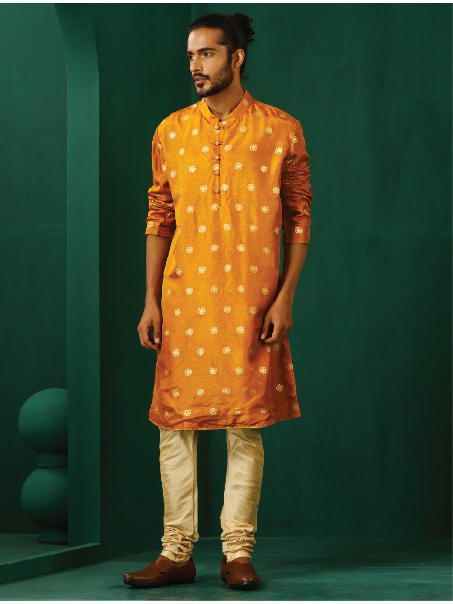 mens mustard floral printed viscose silk zari long kurta