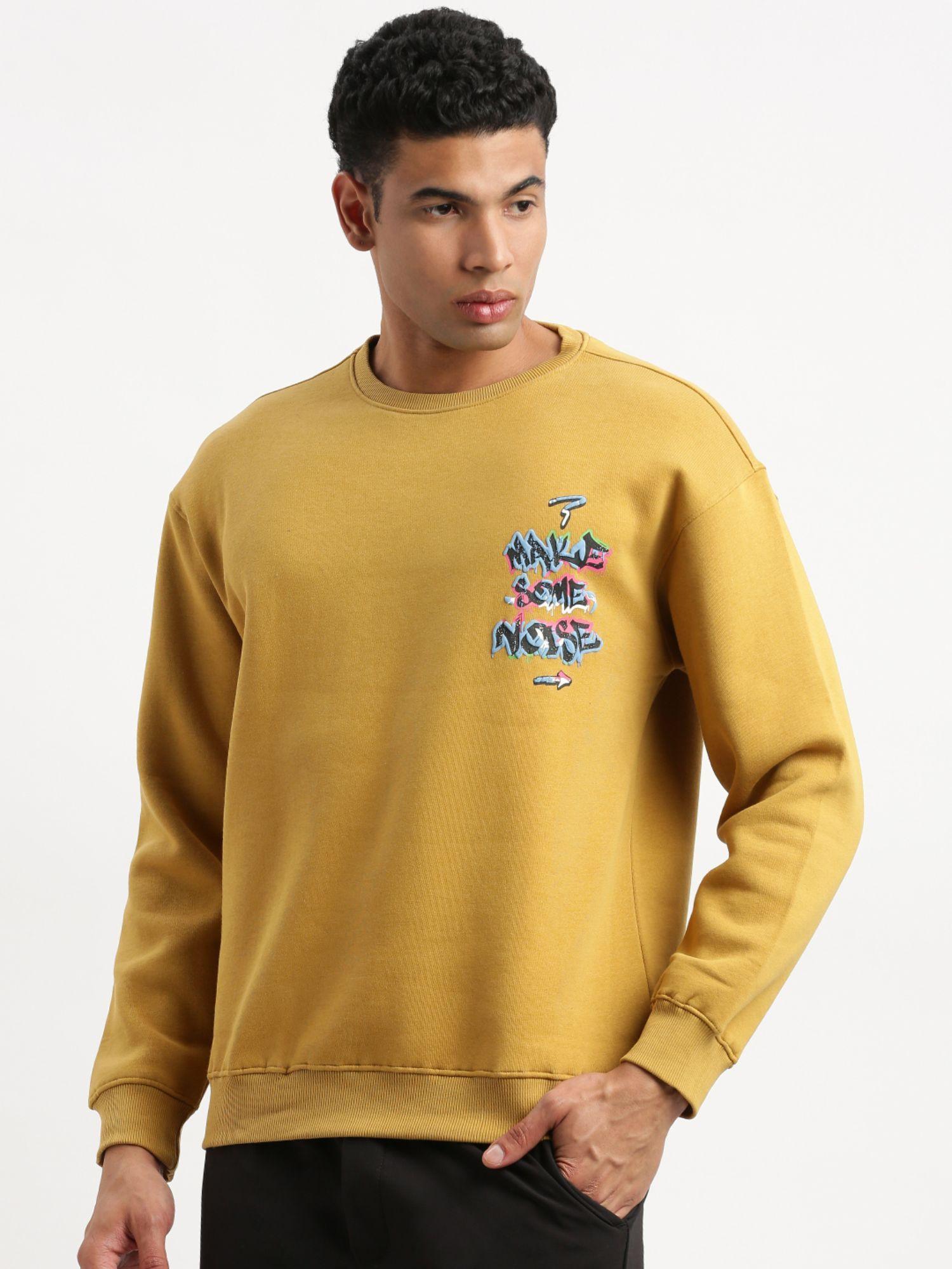 mens mustard graphic round neck pullover