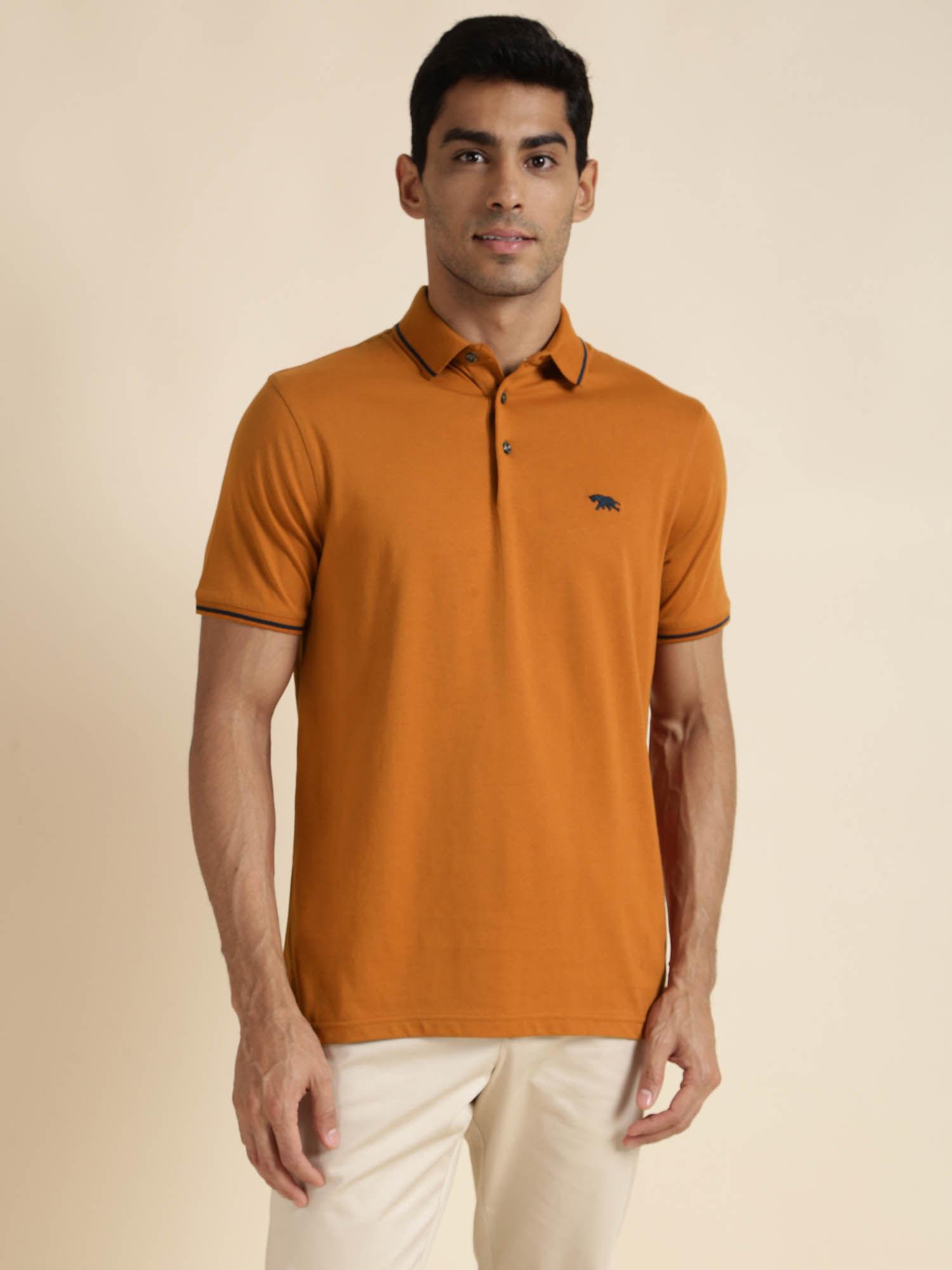 mens mustard half sleeves collar neck regular fit polo t-shirt