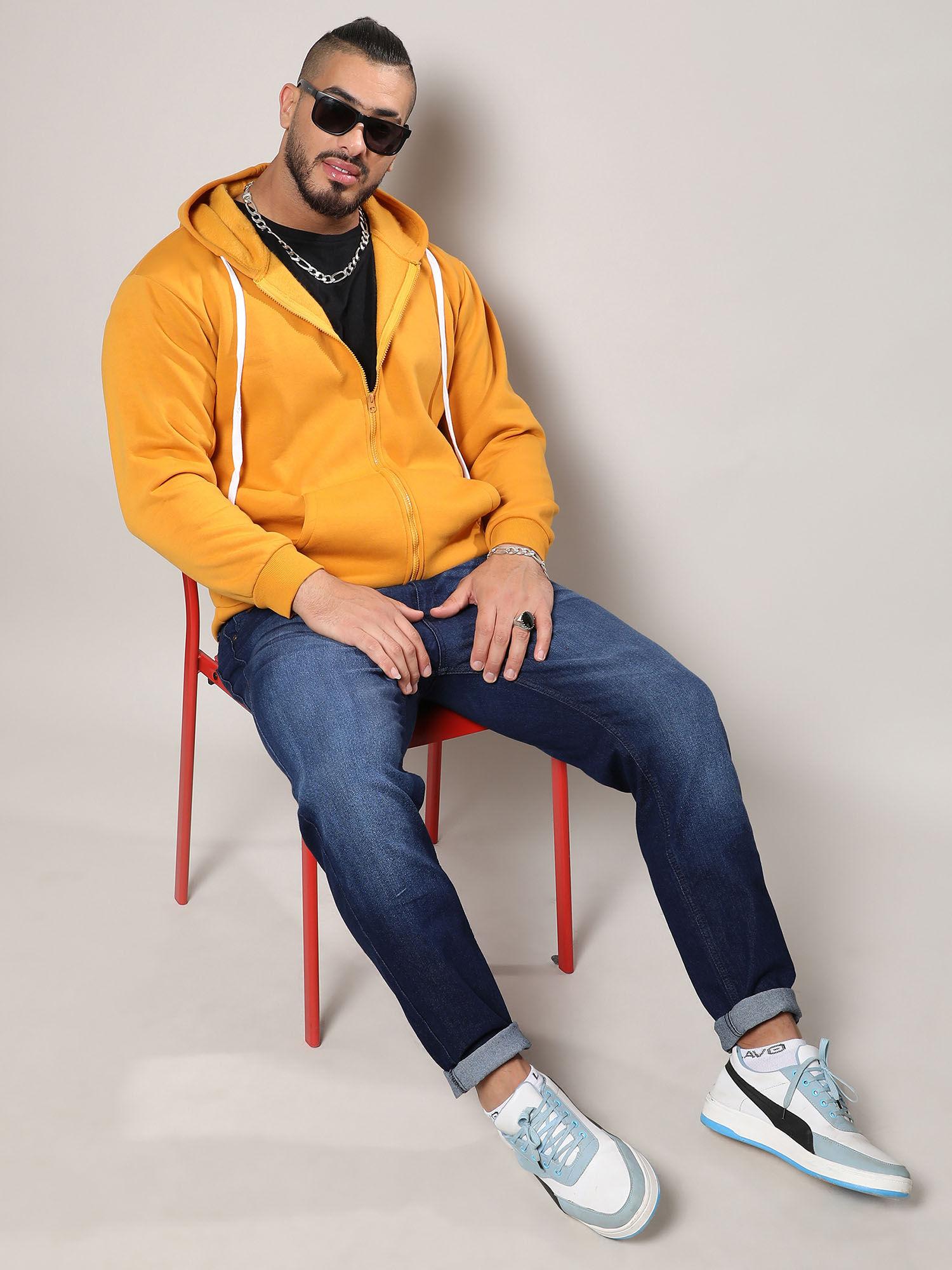 mens mustard yellow basic zip front hooded sweatshirt