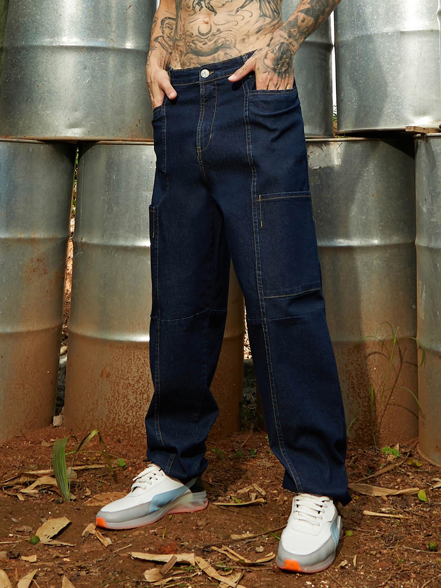 mens navy blue baggy cargo denim jeans