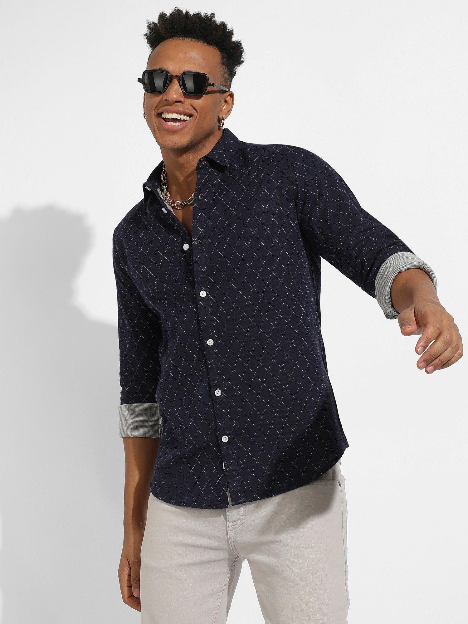 mens navy blue chalk diamond shirt