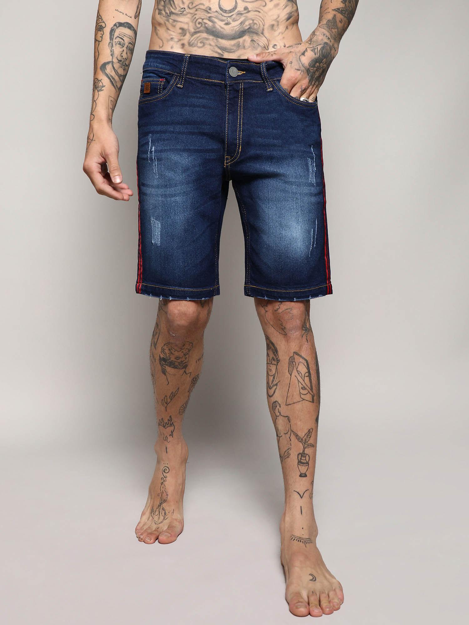 mens navy blue contrast side striped denim shorts