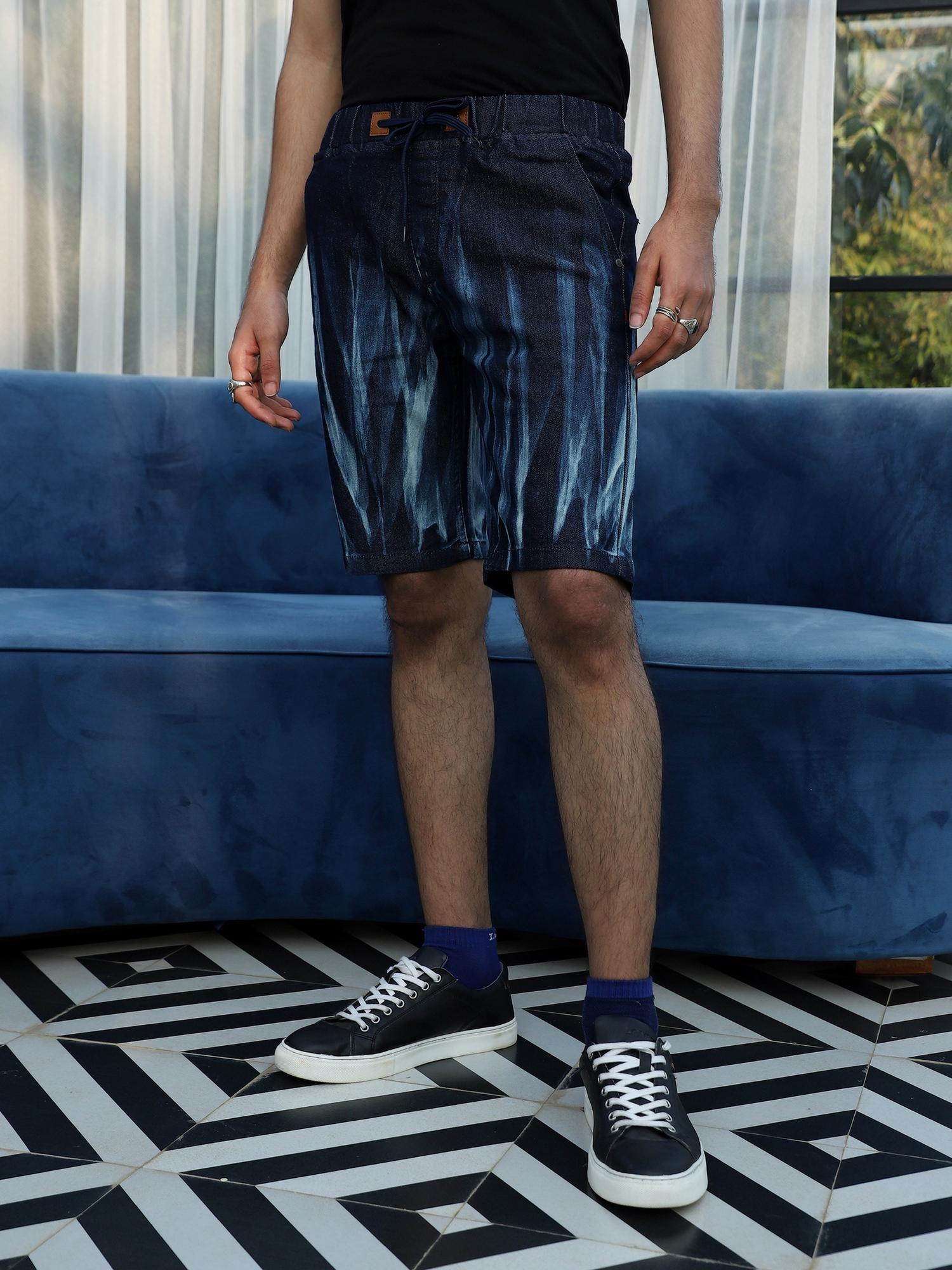 mens navy blue contrast wash denim shorts