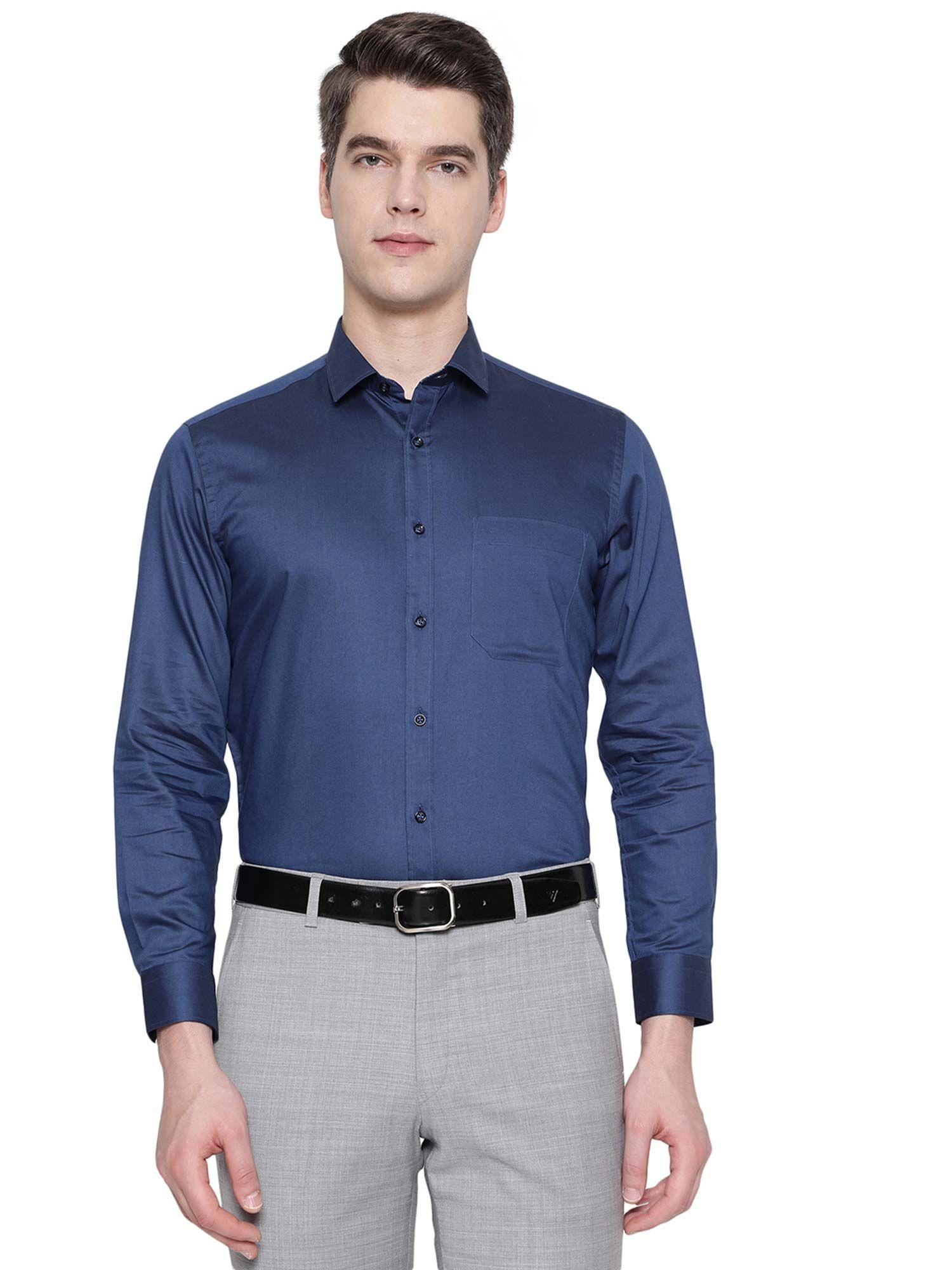 mens navy blue cotton blend slim fit solid formal party wear shirt