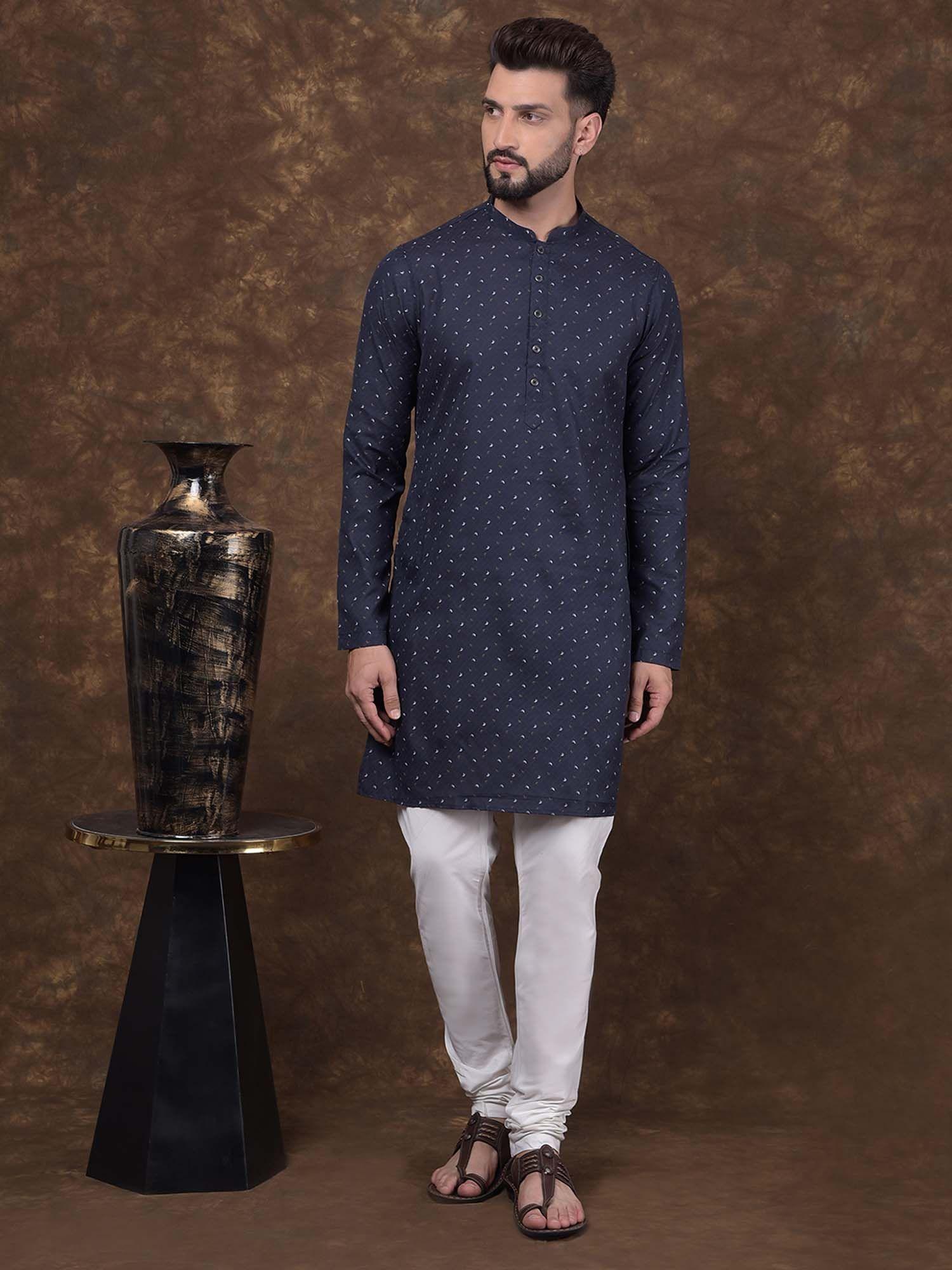 mens navy blue cotton printed mandarin collar kurta with churidar (set of 2)