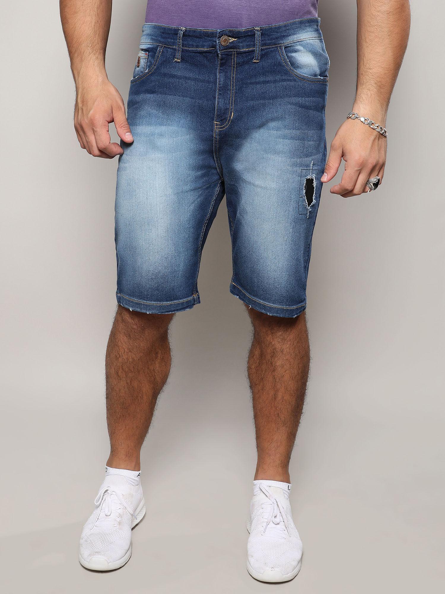 mens navy blue distressed denim shorts