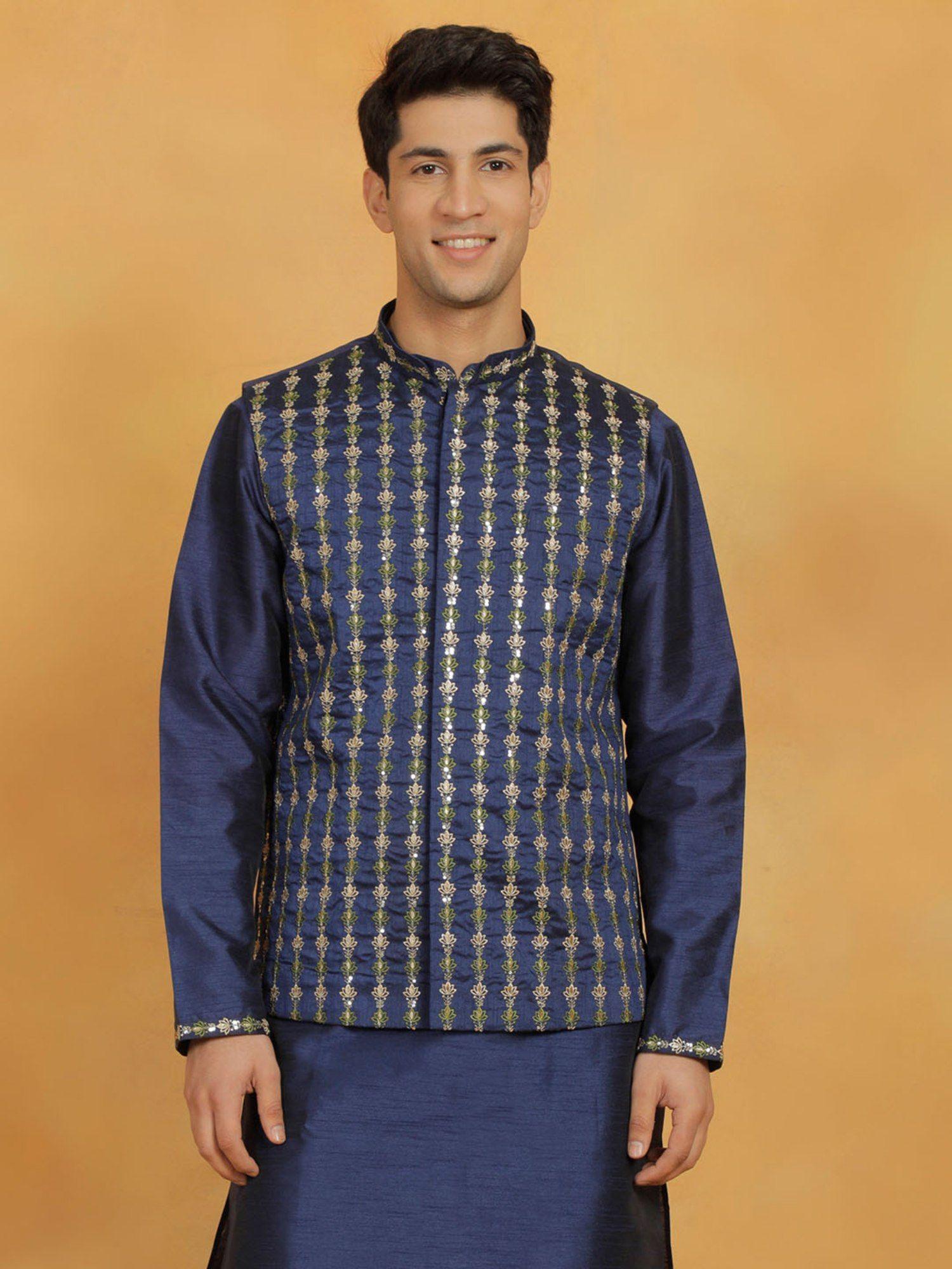 mens navy blue dupion silk nehru jacket