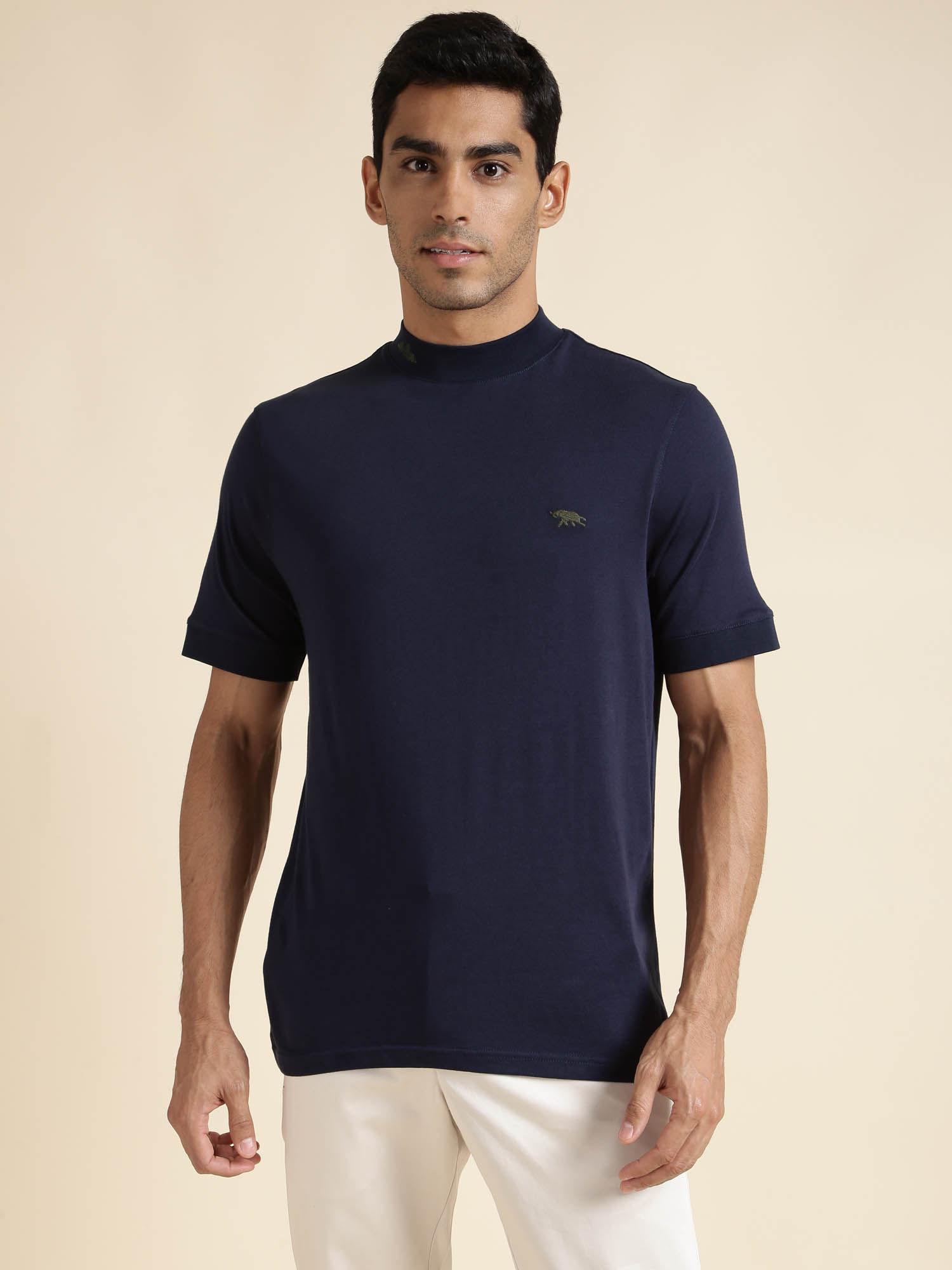 mens navy blue half sleeves high neck regular fit t-shirt