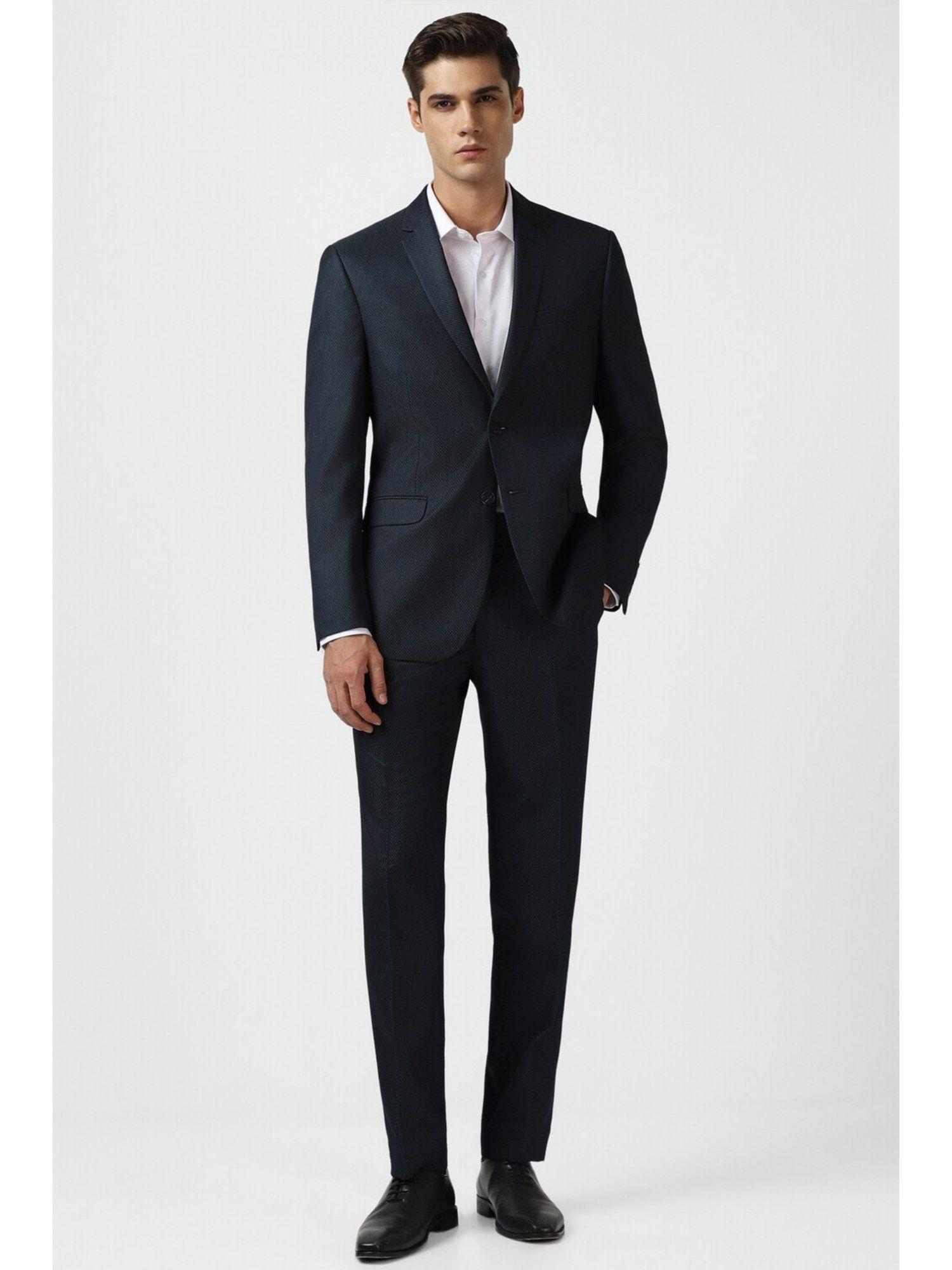 mens navy blue print slim fit formal two piece suit (set of 2)