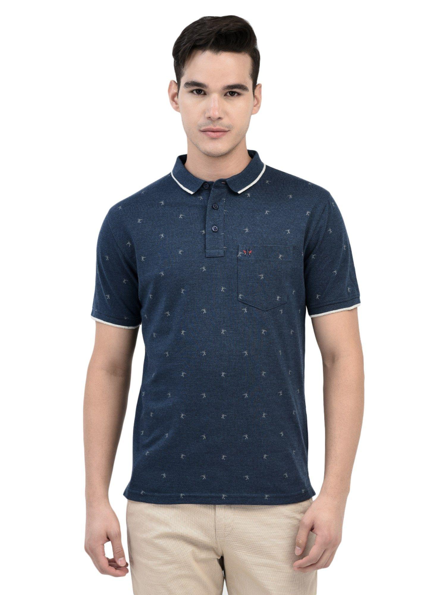 mens navy blue printed polo t-shirt