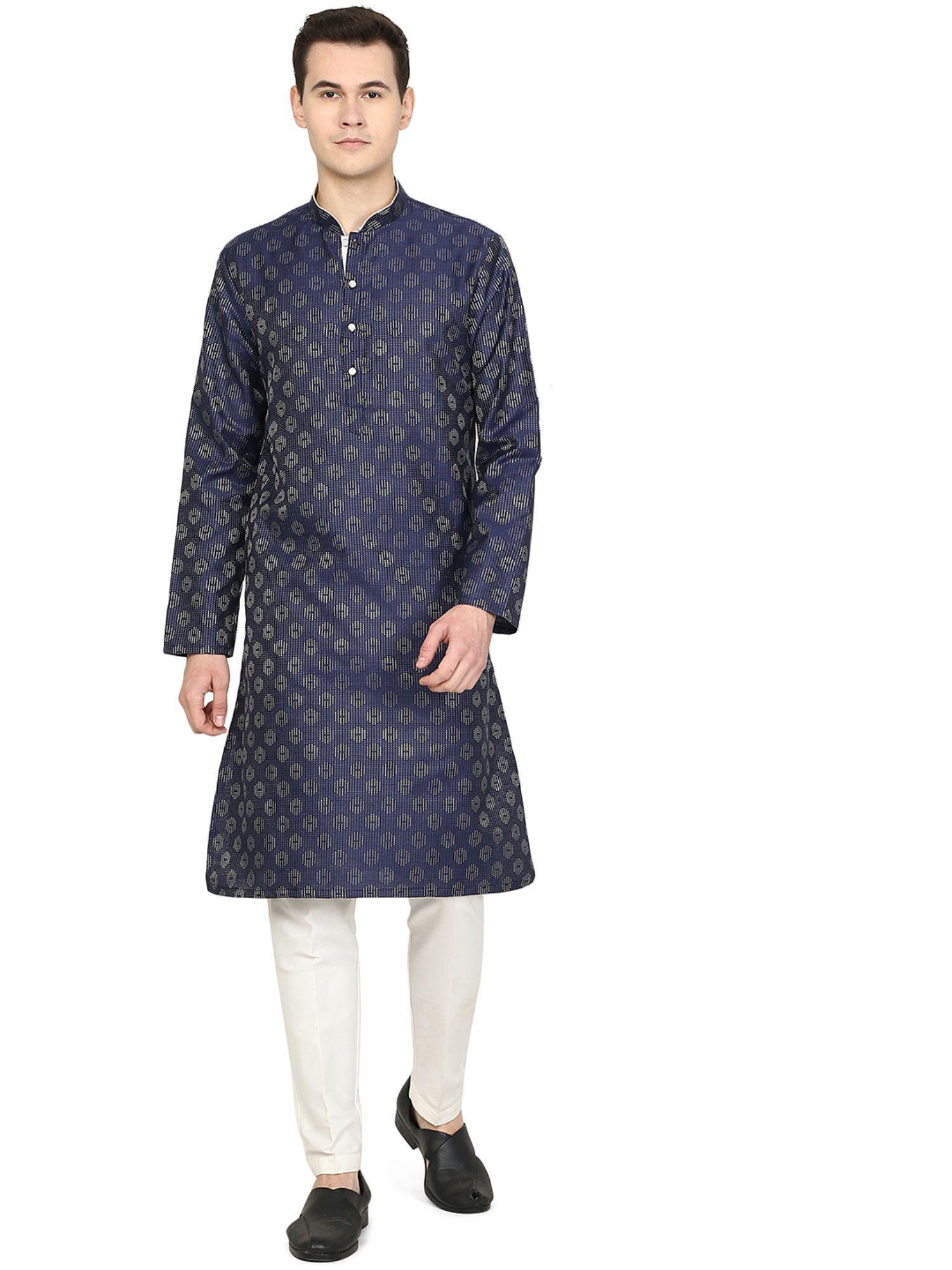 mens navy blue printed silk blend kurta