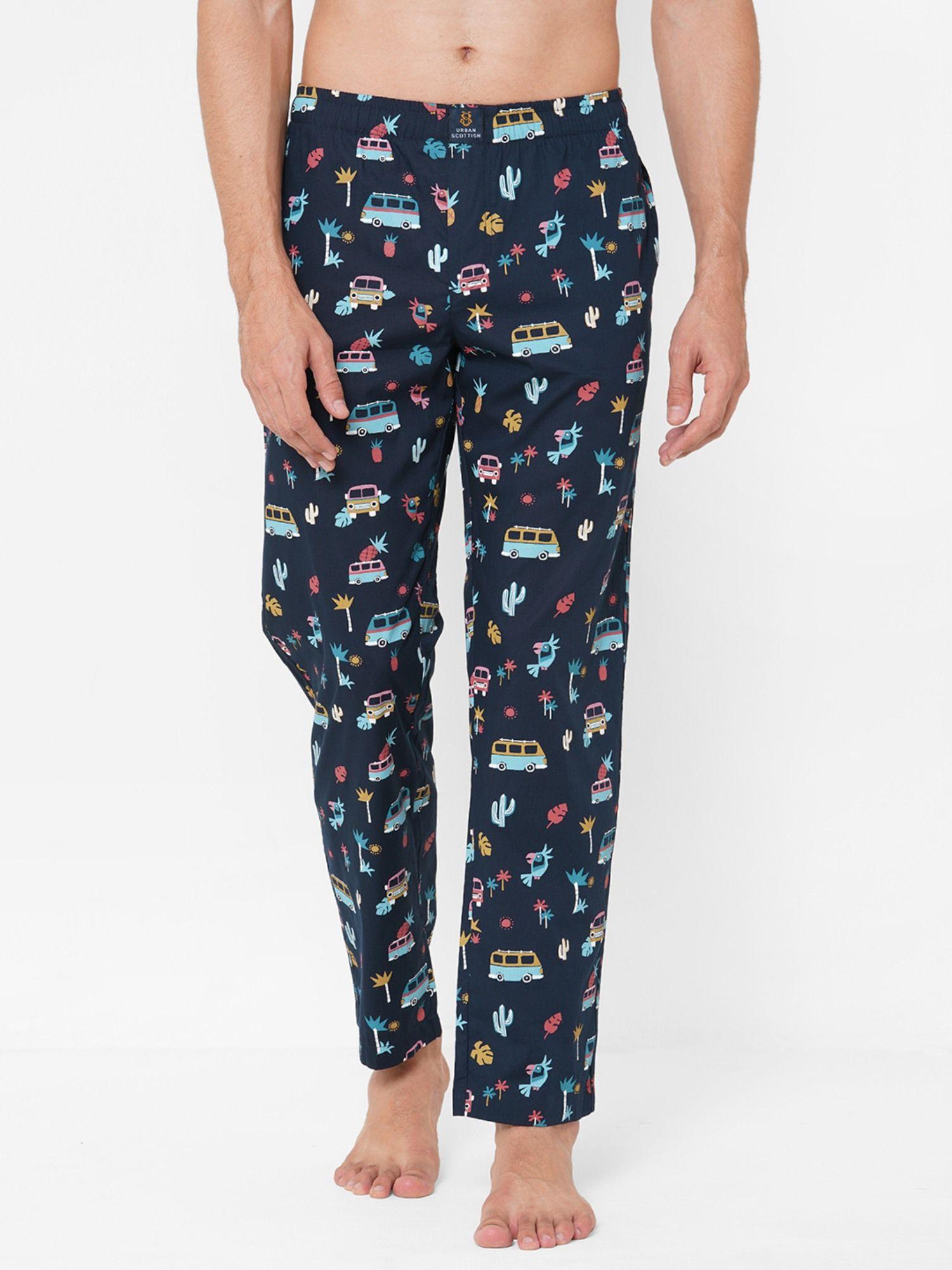 mens navy blue pure cotton printed lounge pants