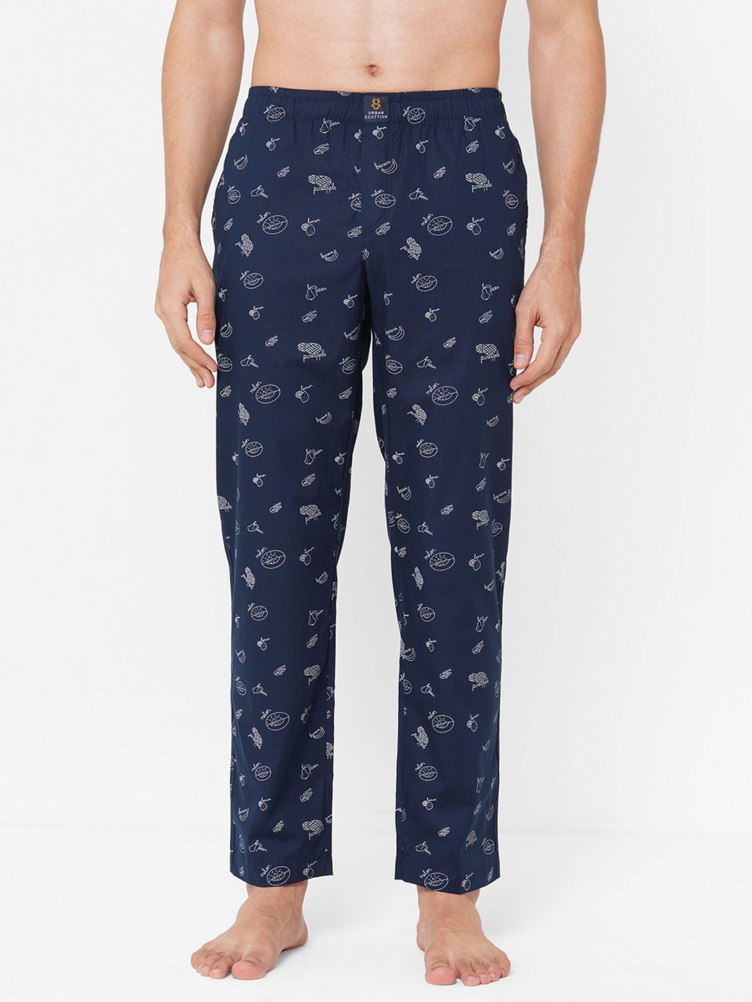 mens navy blue pure cotton printed lounge pants