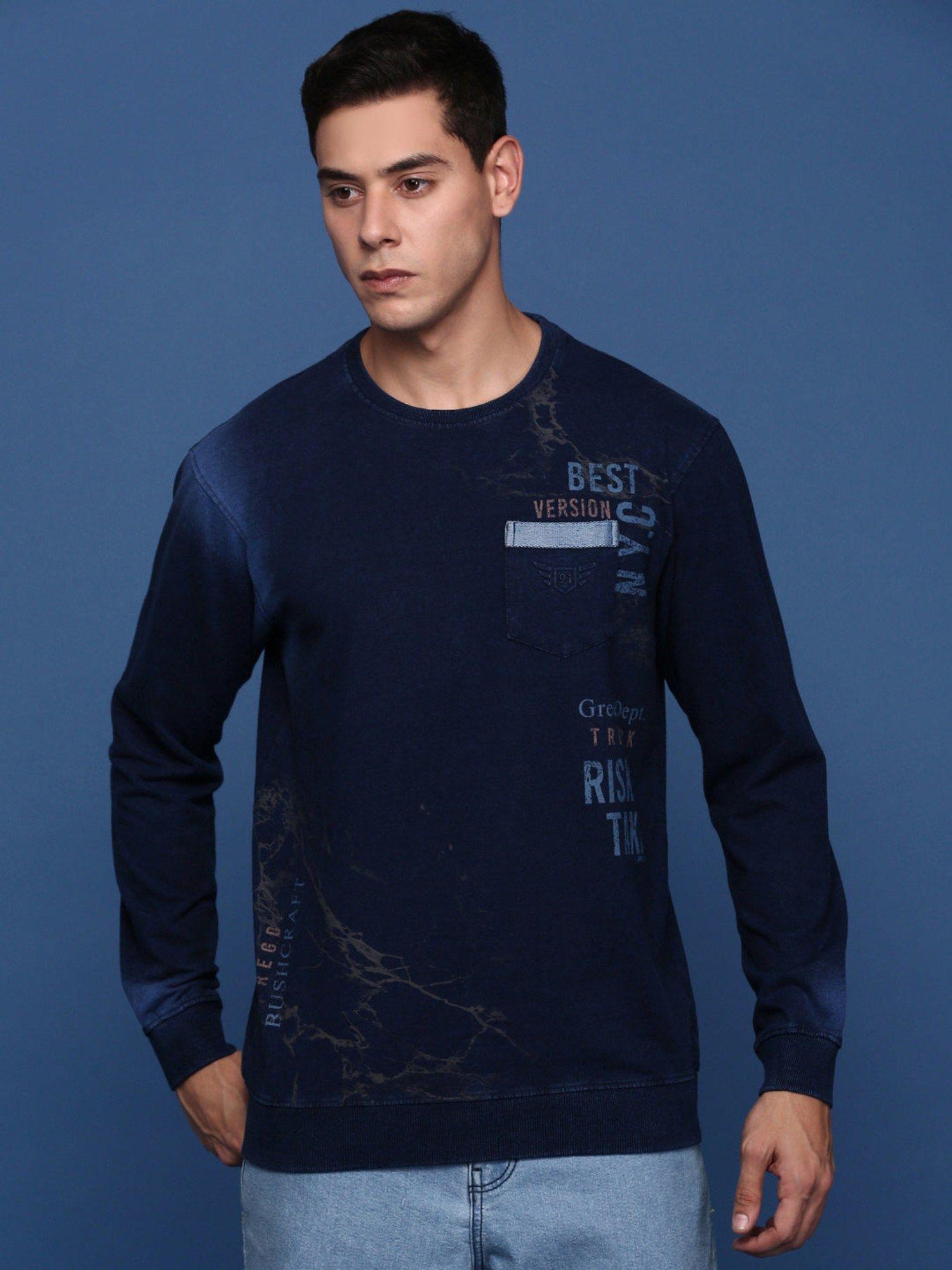 mens navy blue round neck pullover sweatshirt