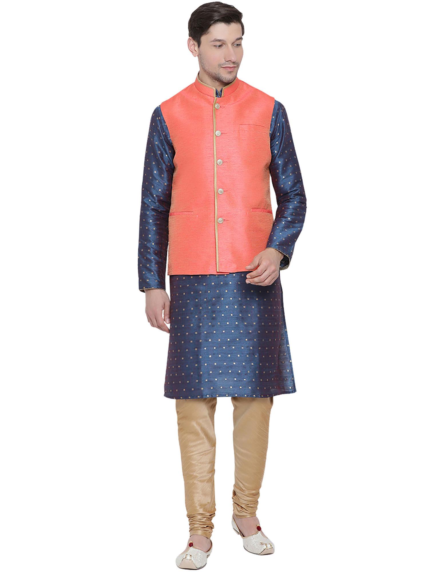mens navy blue silk blend jacket, kurta and pyjama (set of 3)