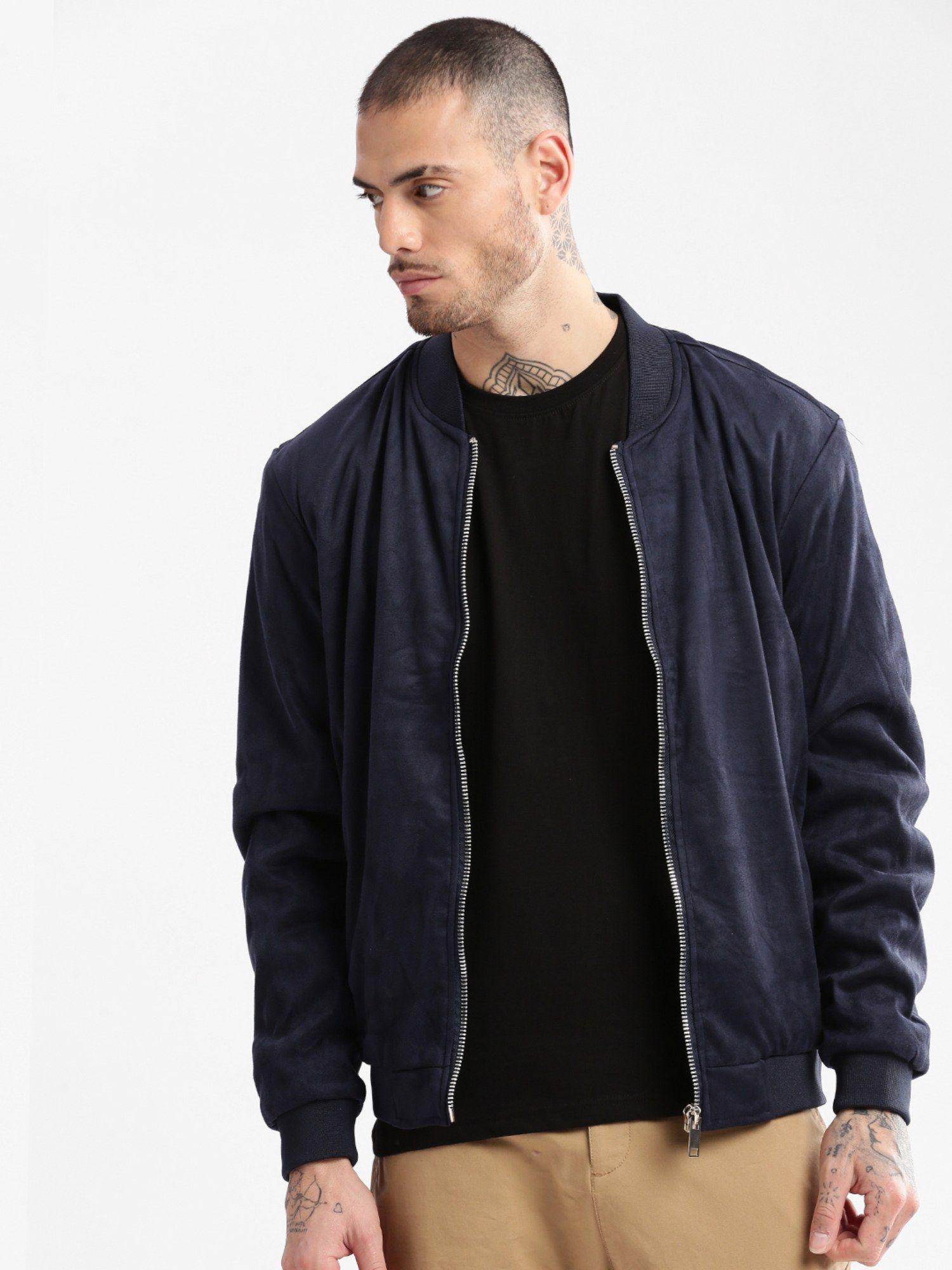 mens navy blue solid bomber jacket