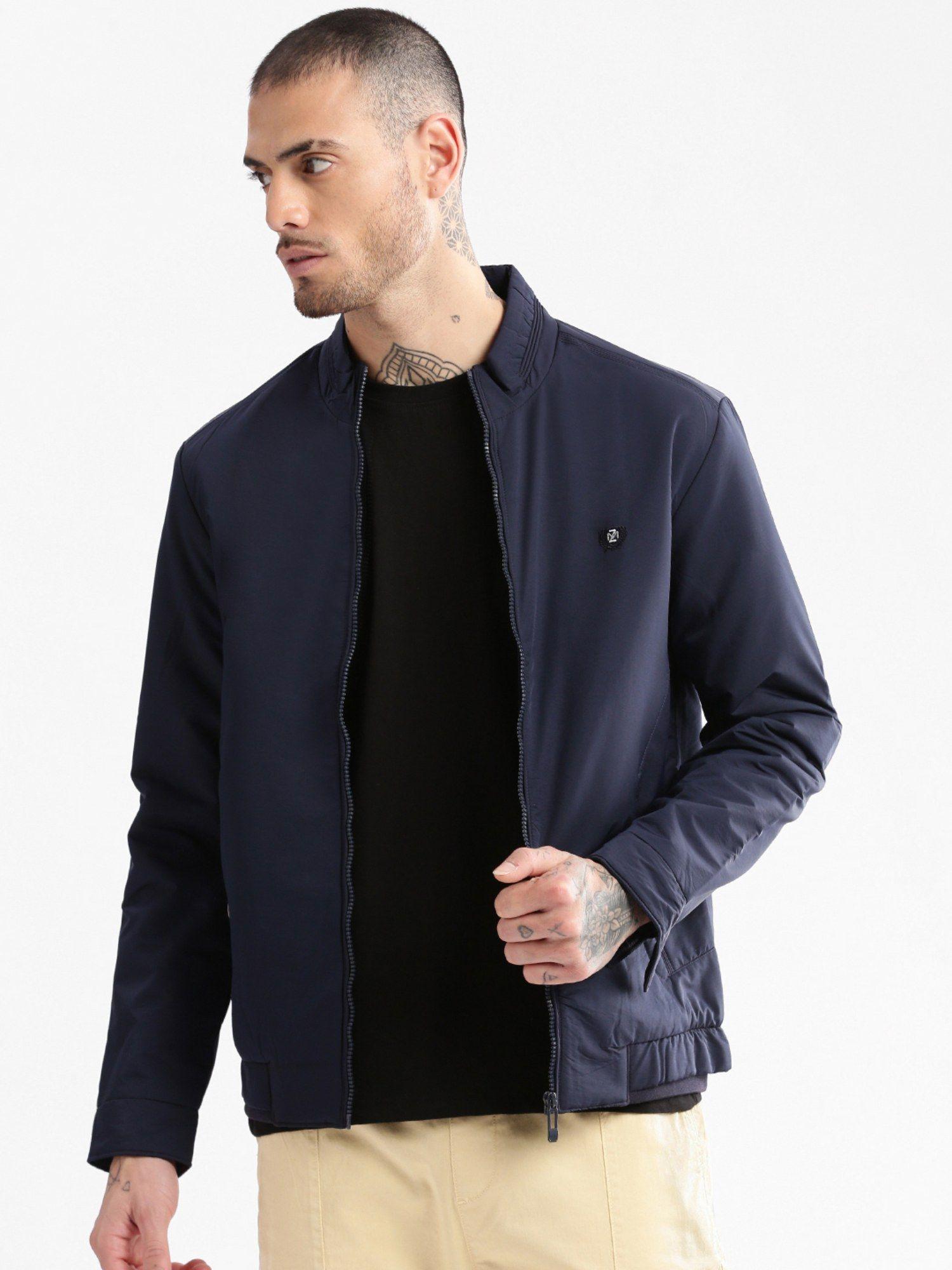 mens navy blue solid bomber jacket