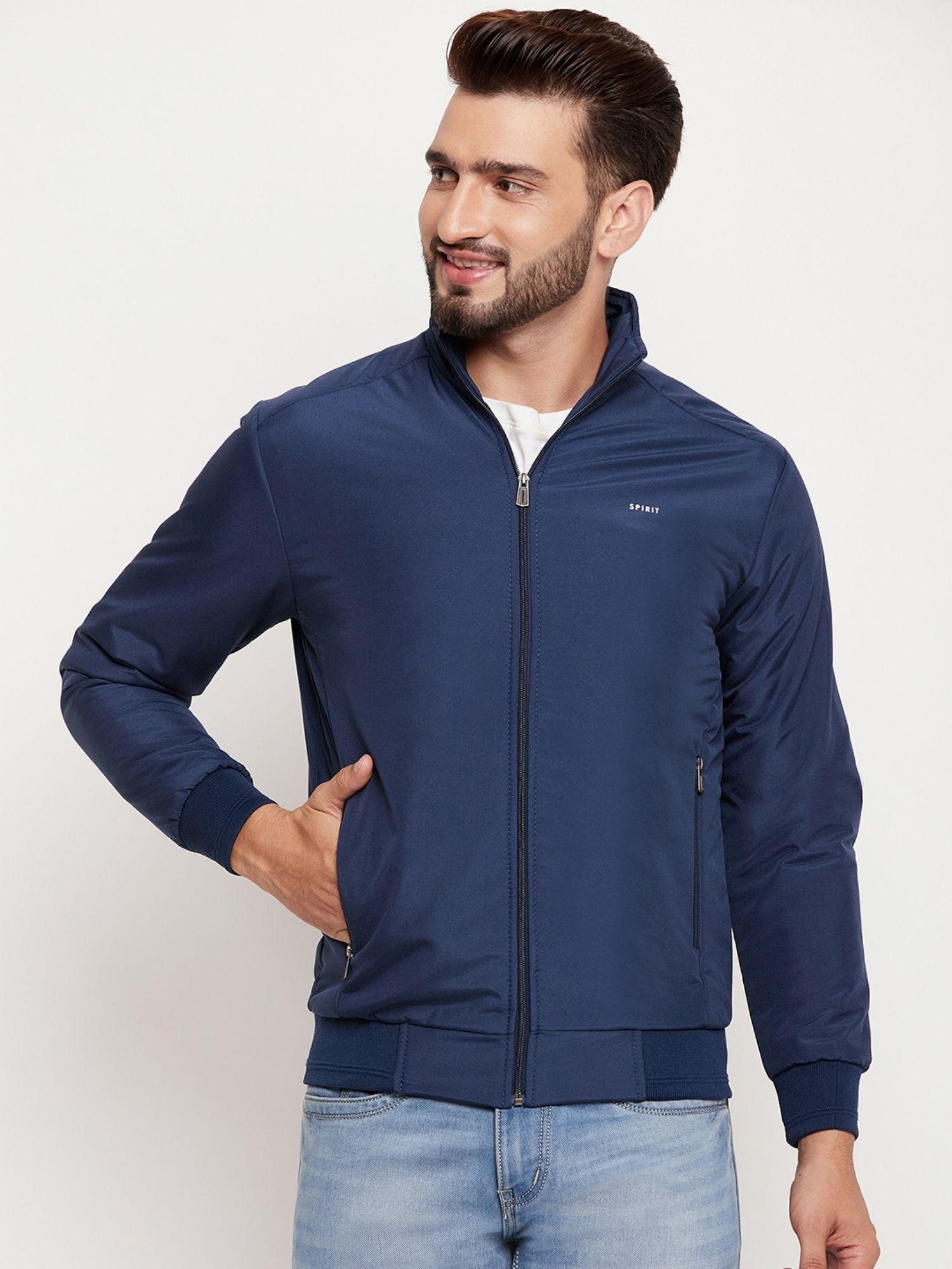 mens navy blue solid jacket