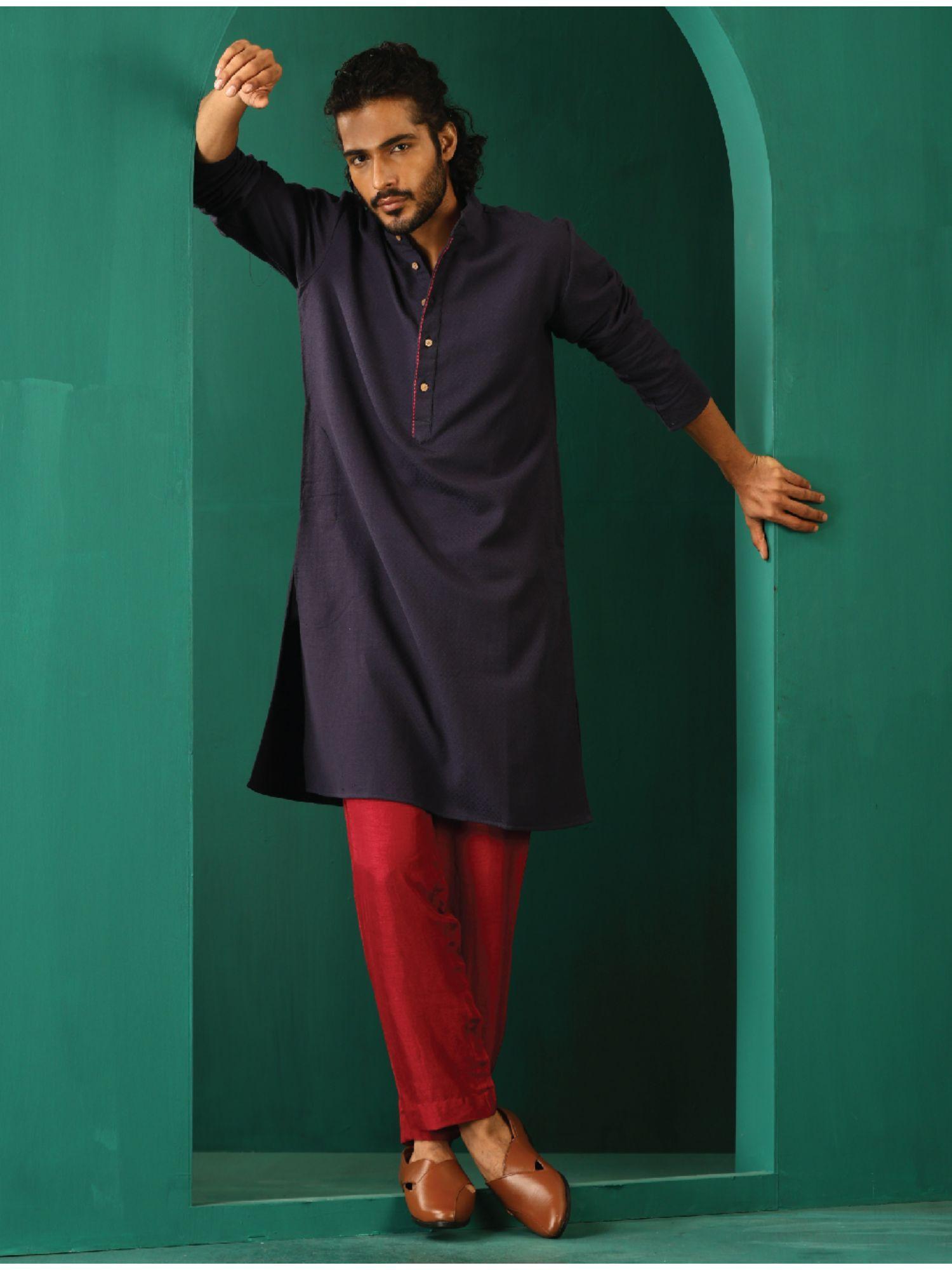 mens navy blue textured dobby kurta