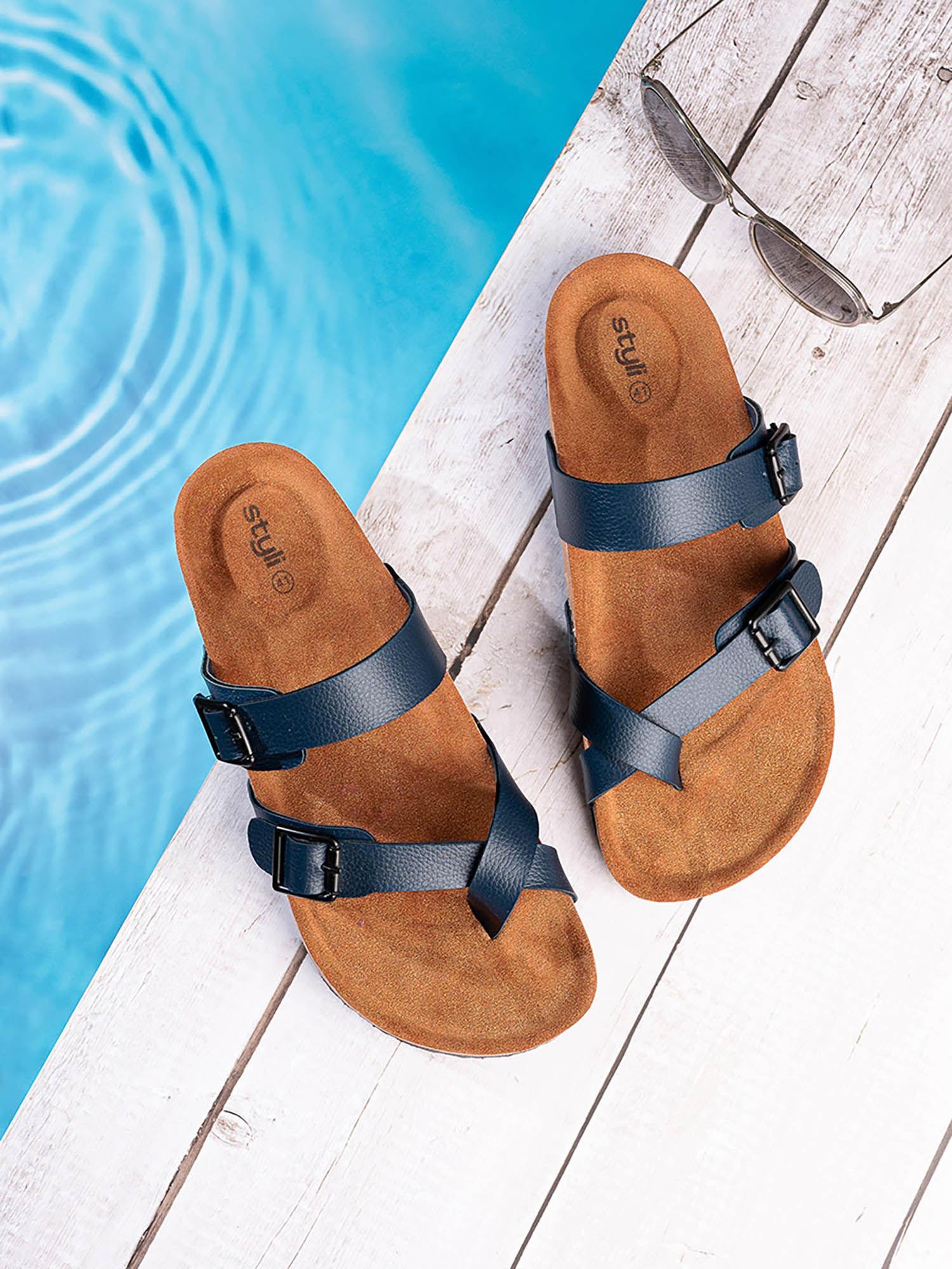 mens navy blue toe loop double strap casual sandal synthetic