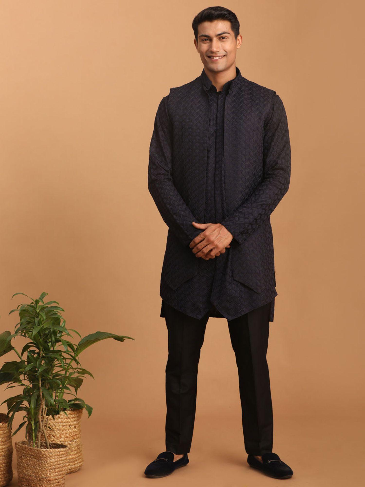 mens navy blue with black silk blend jacket kurta and pyjama (set of 3)