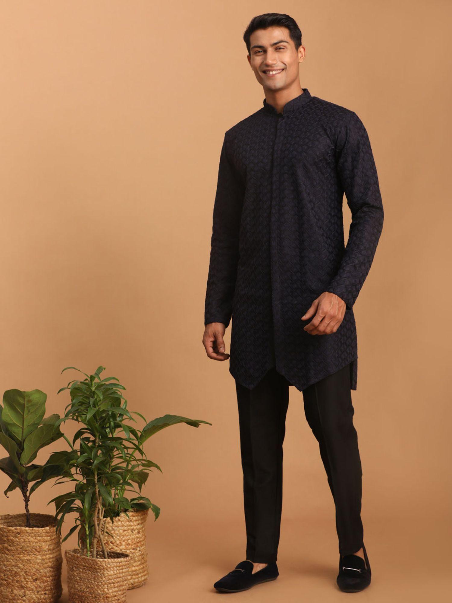 mens navy blue with black silk blend kurta and pyjama (set of 2)