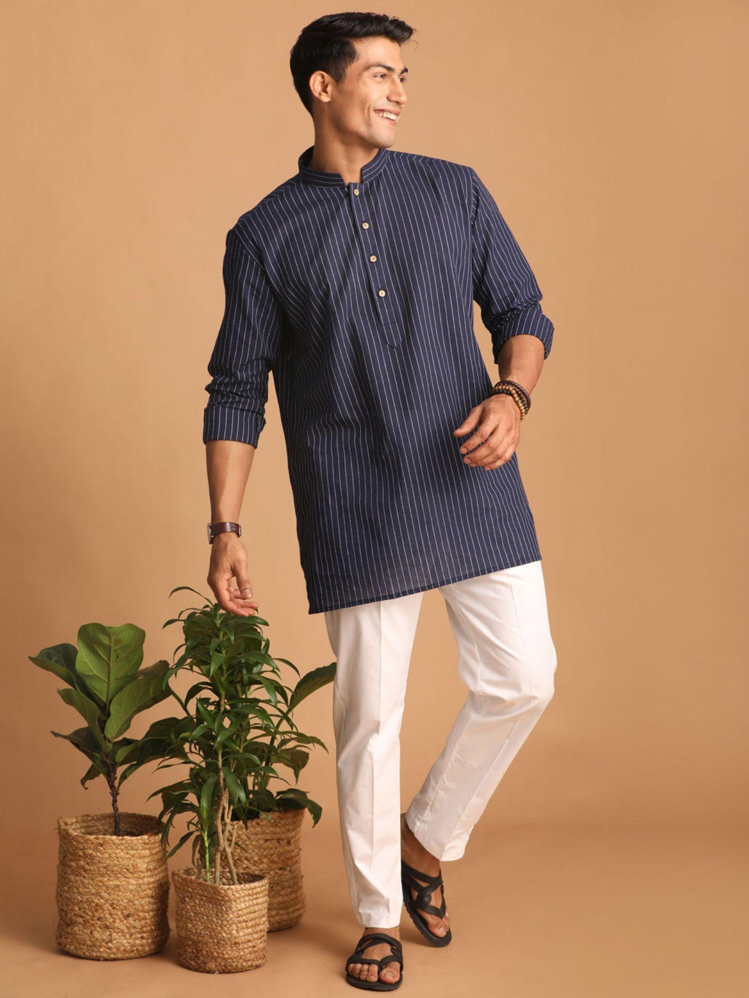 mens navy blue with white cotton short kurta and pyjama (set of 2)