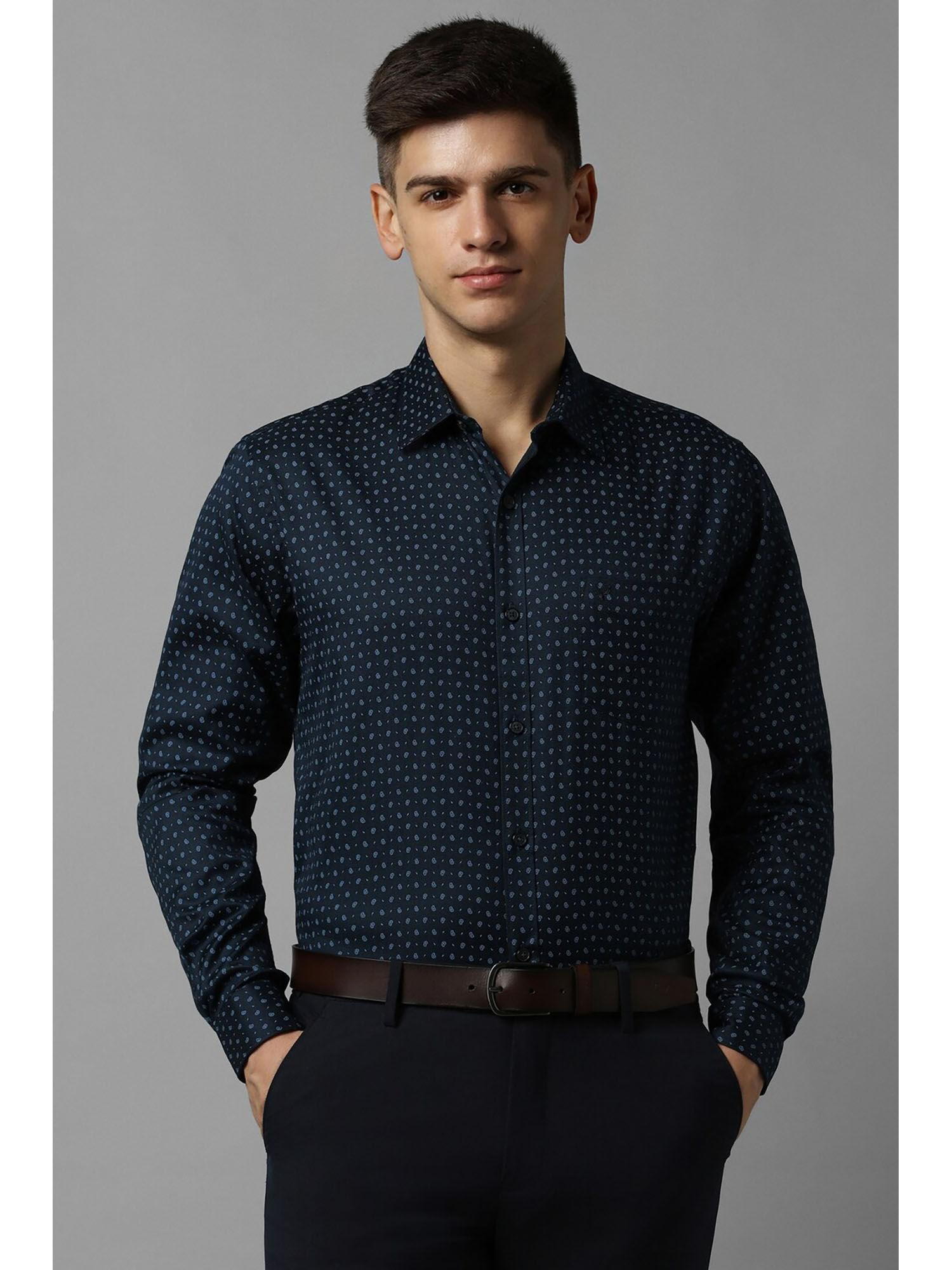 mens navy slim fit print full sleeves formal shirt