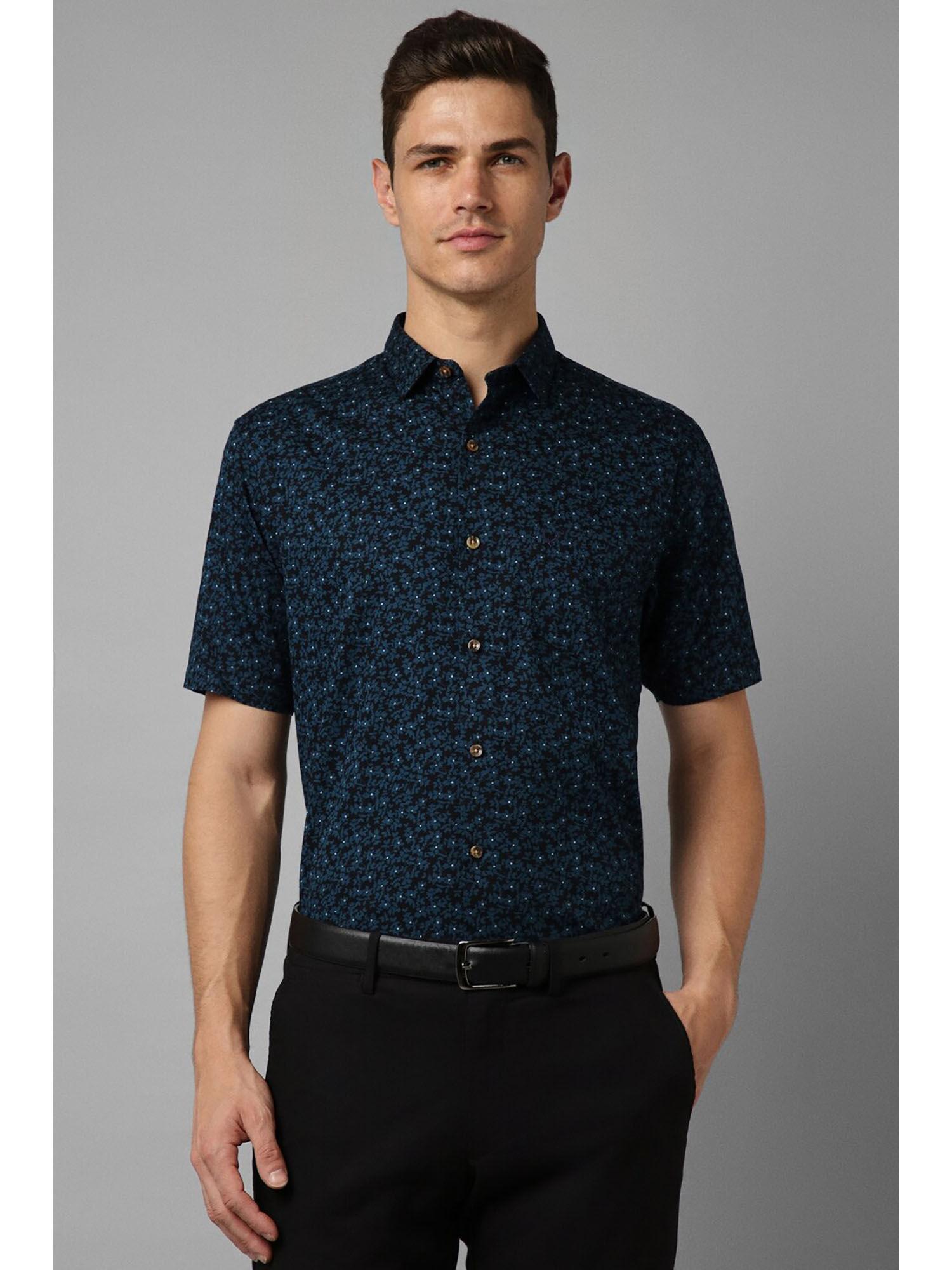 mens navy slim fit print half sleeves formal shirt