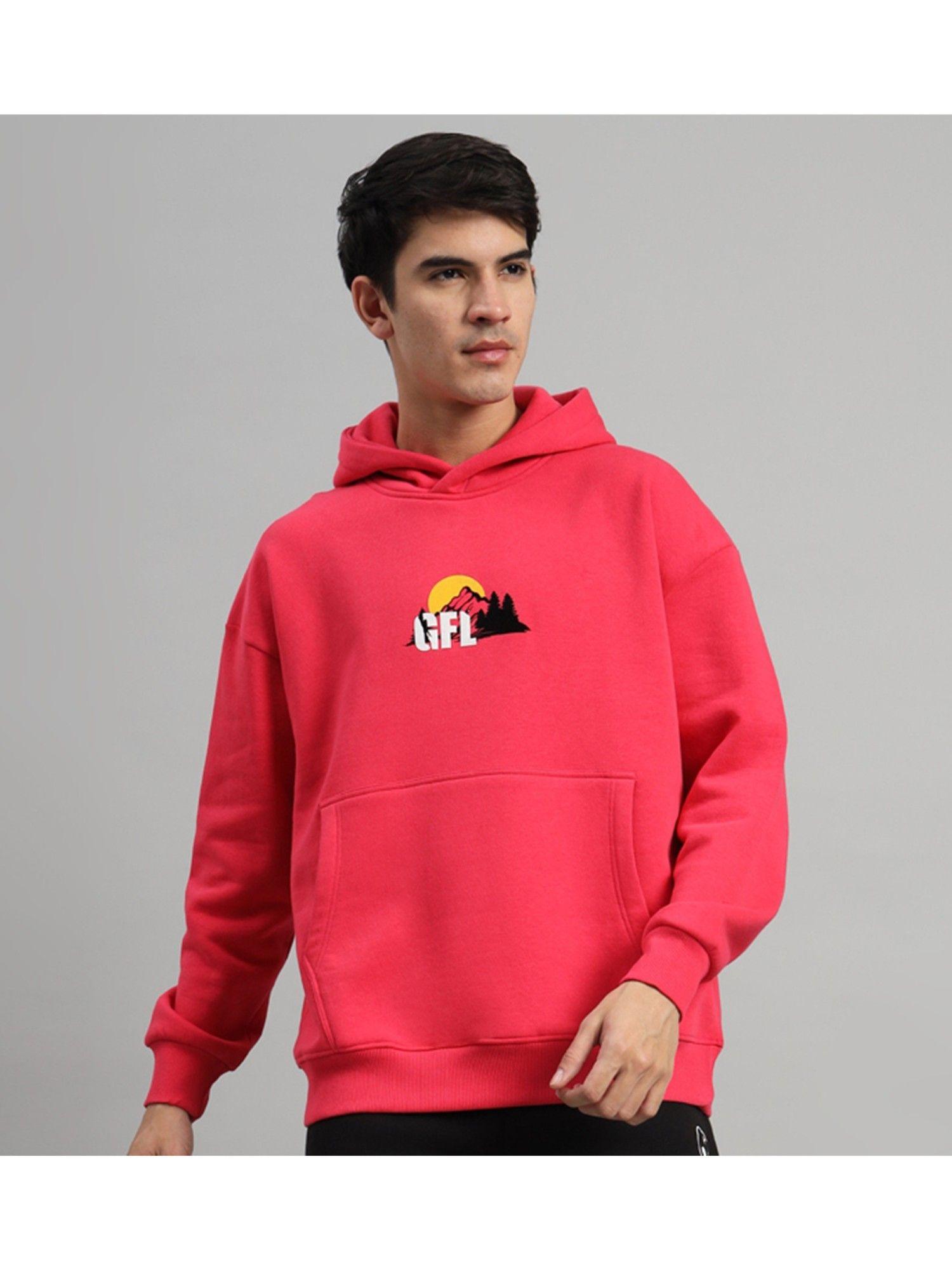 mens neon pink front logo oversized back print fleece hoodie sweatshirt