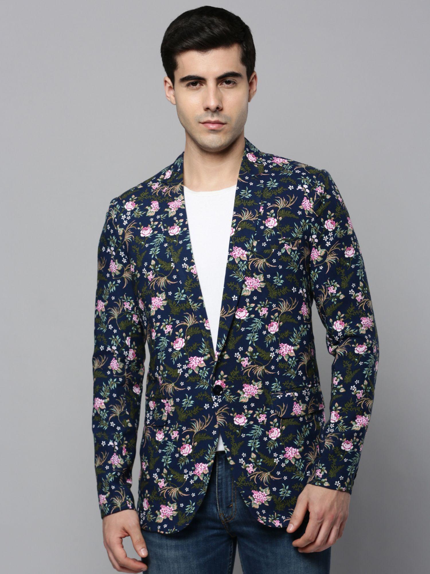 mens notched lapel printed navy blue open front blazer