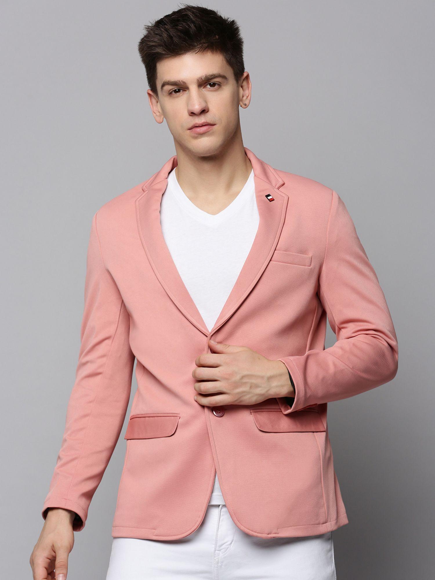 mens notched lapel solid pink open front blazer