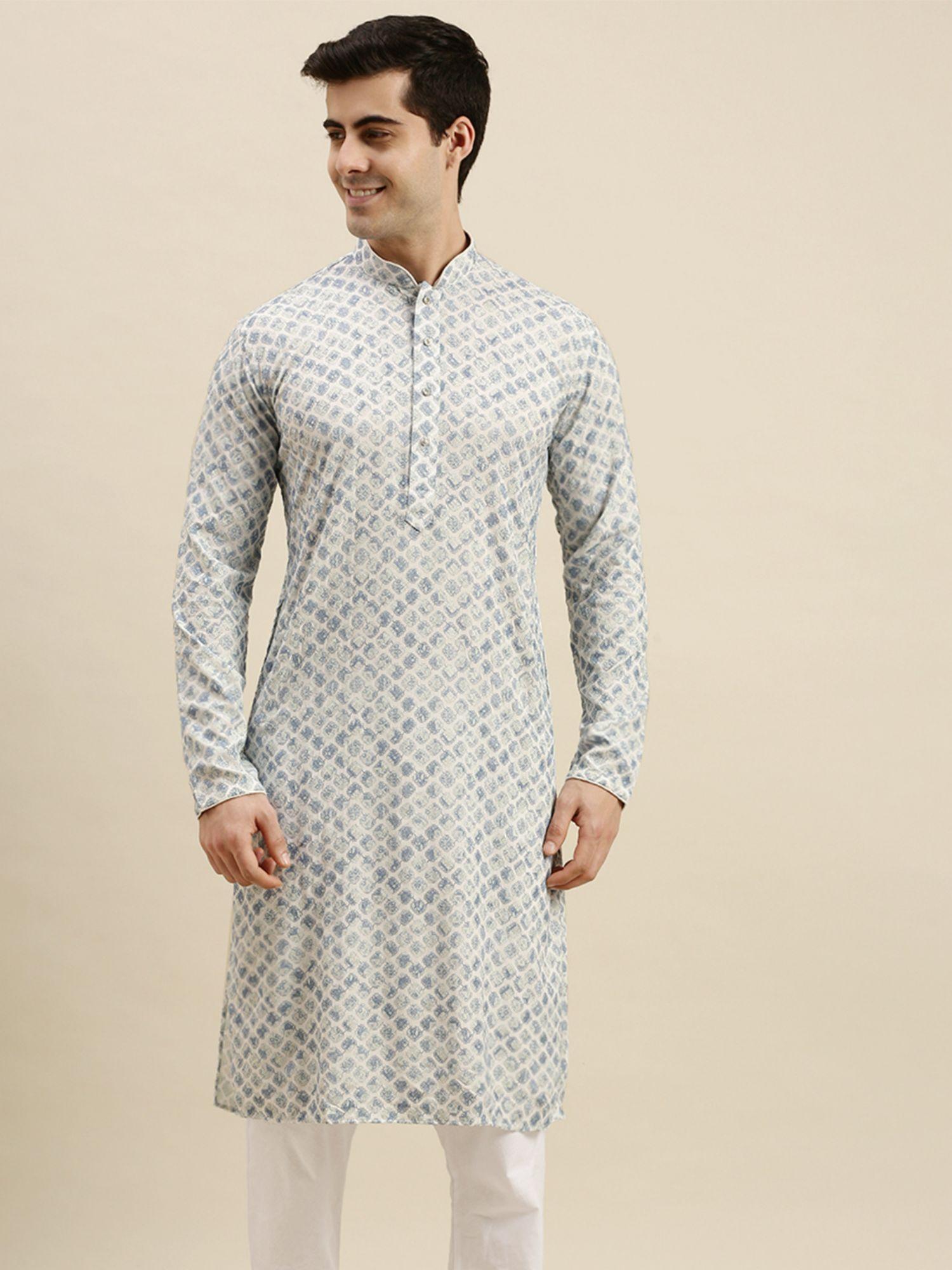 mens off white chickenkari long sleeve cotton designer kurta