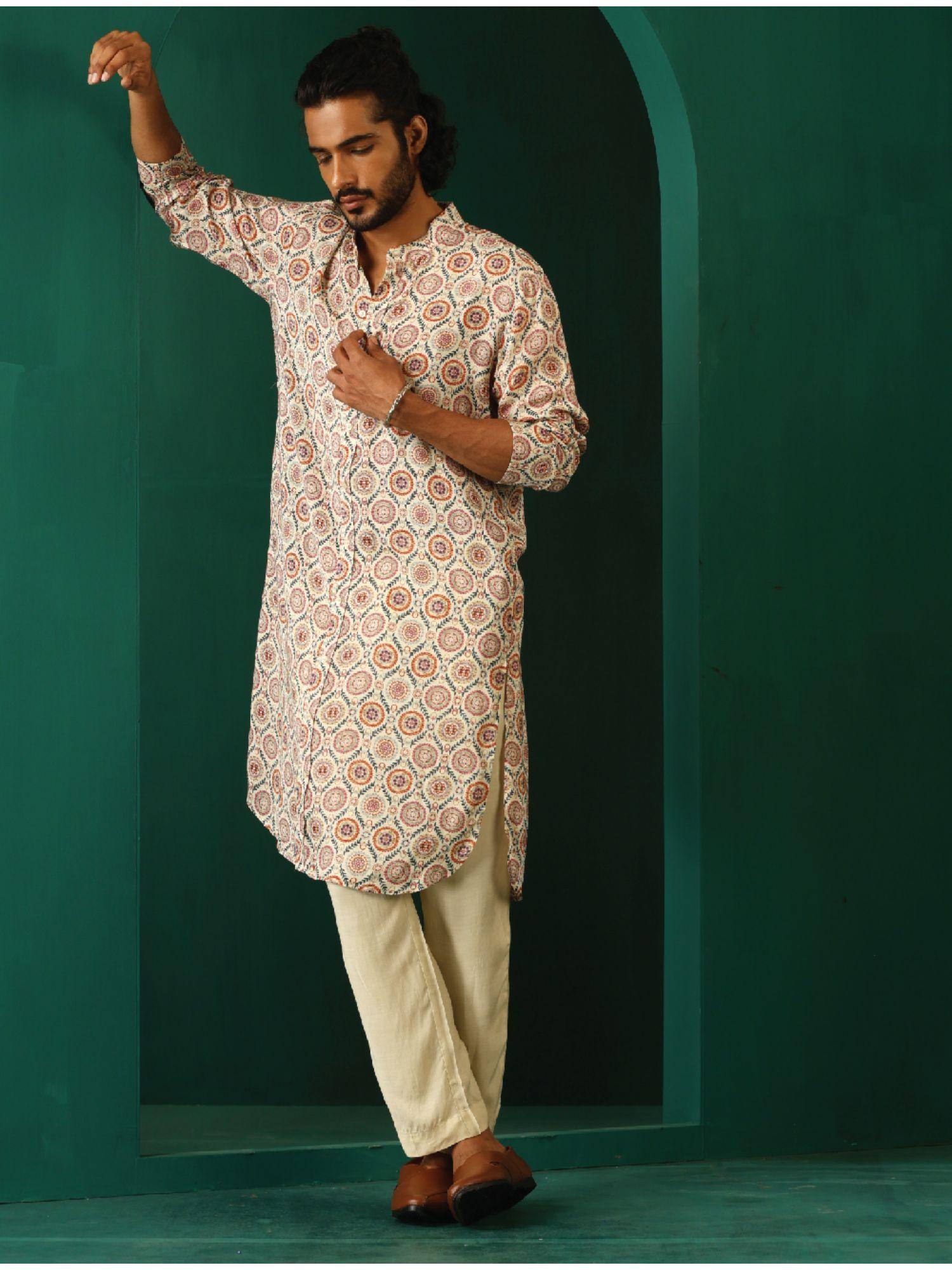 mens off white circle floral muslin silk printed long kurta