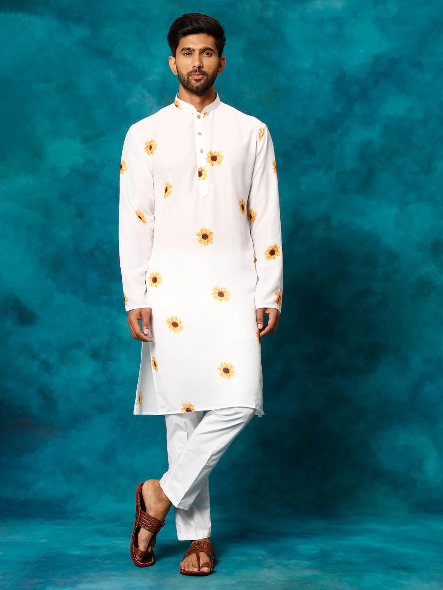 mens off white cotton blend kurta pyjama (set of 2)