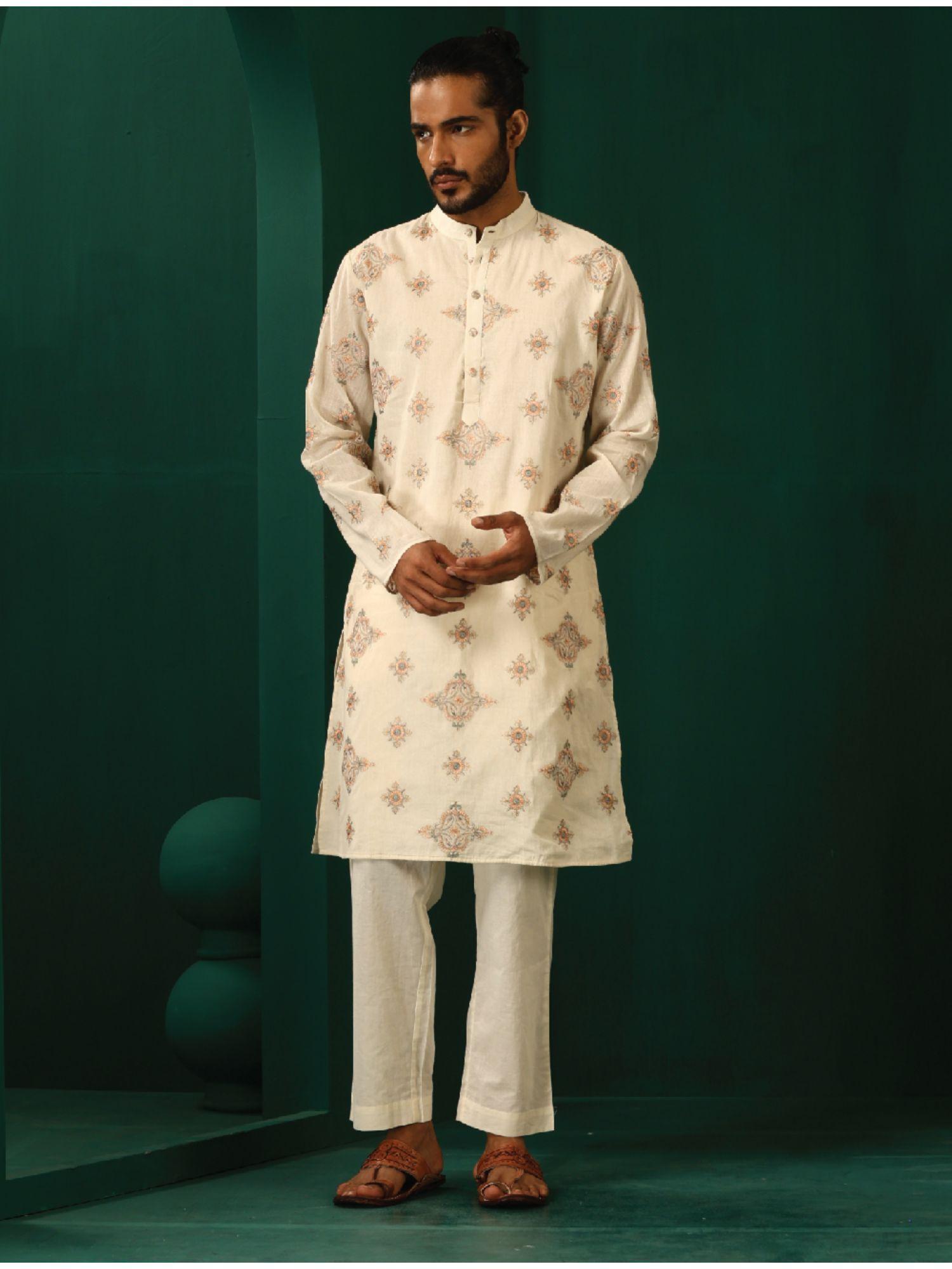 mens off-white embroidered cotton kurta