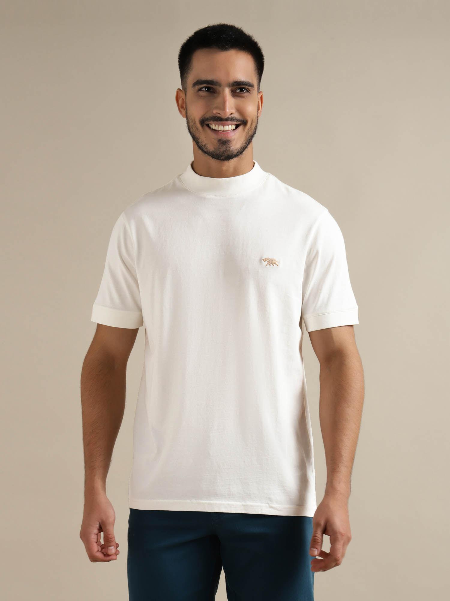 mens off white half sleeves high neck regular fit t-shirt