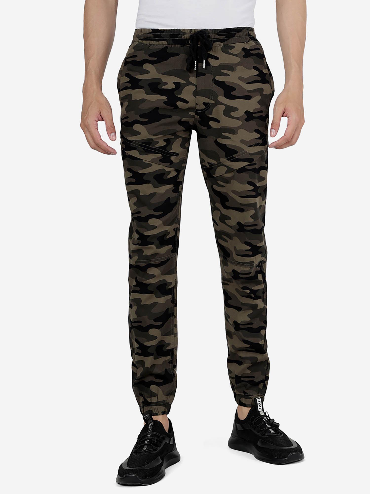 mens olive camo 100% cotton slim fit printed track pant